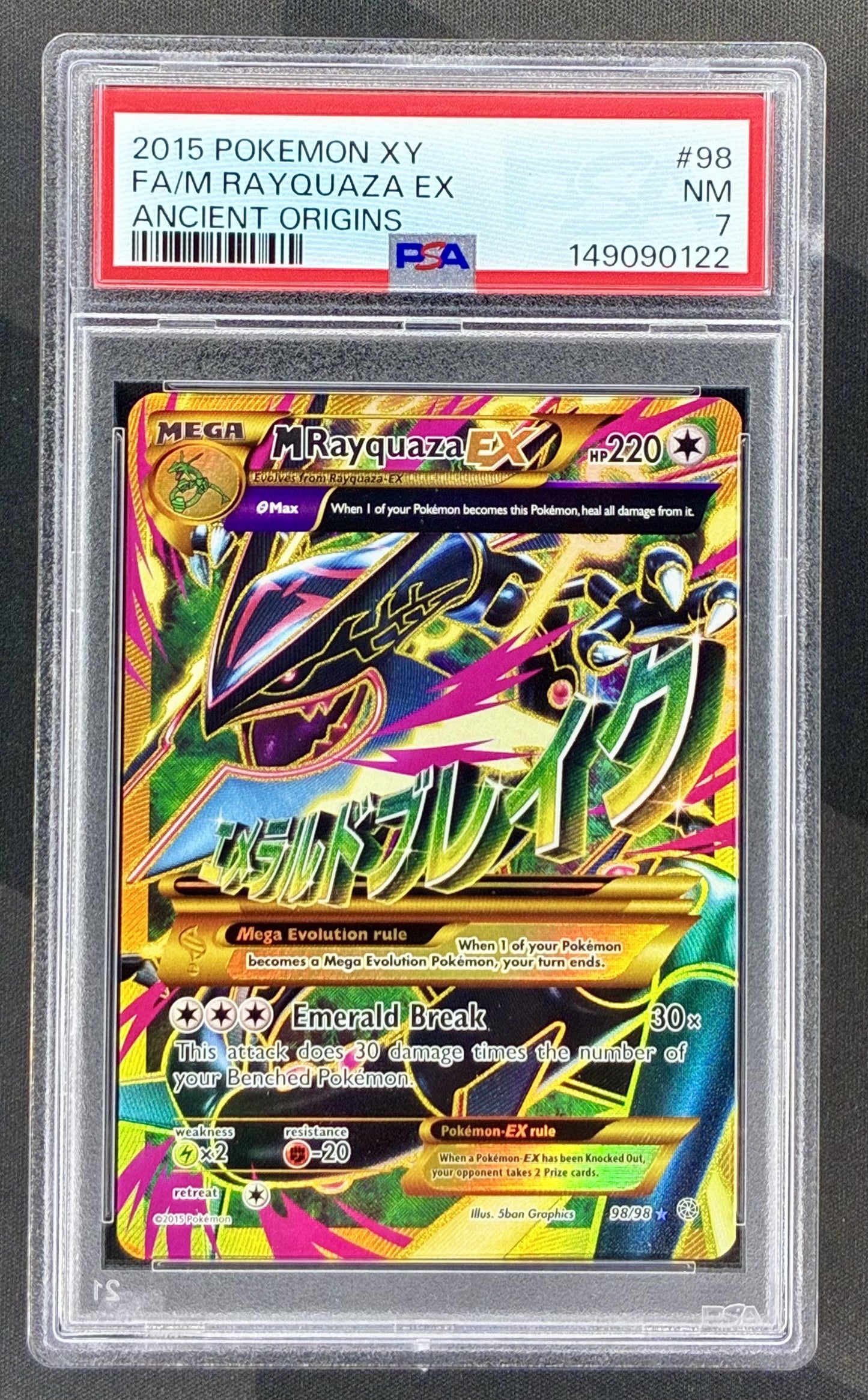 M Rayquaza EX 98/98 Ancient Origins PSA 7 Full Art Pokemon card slab