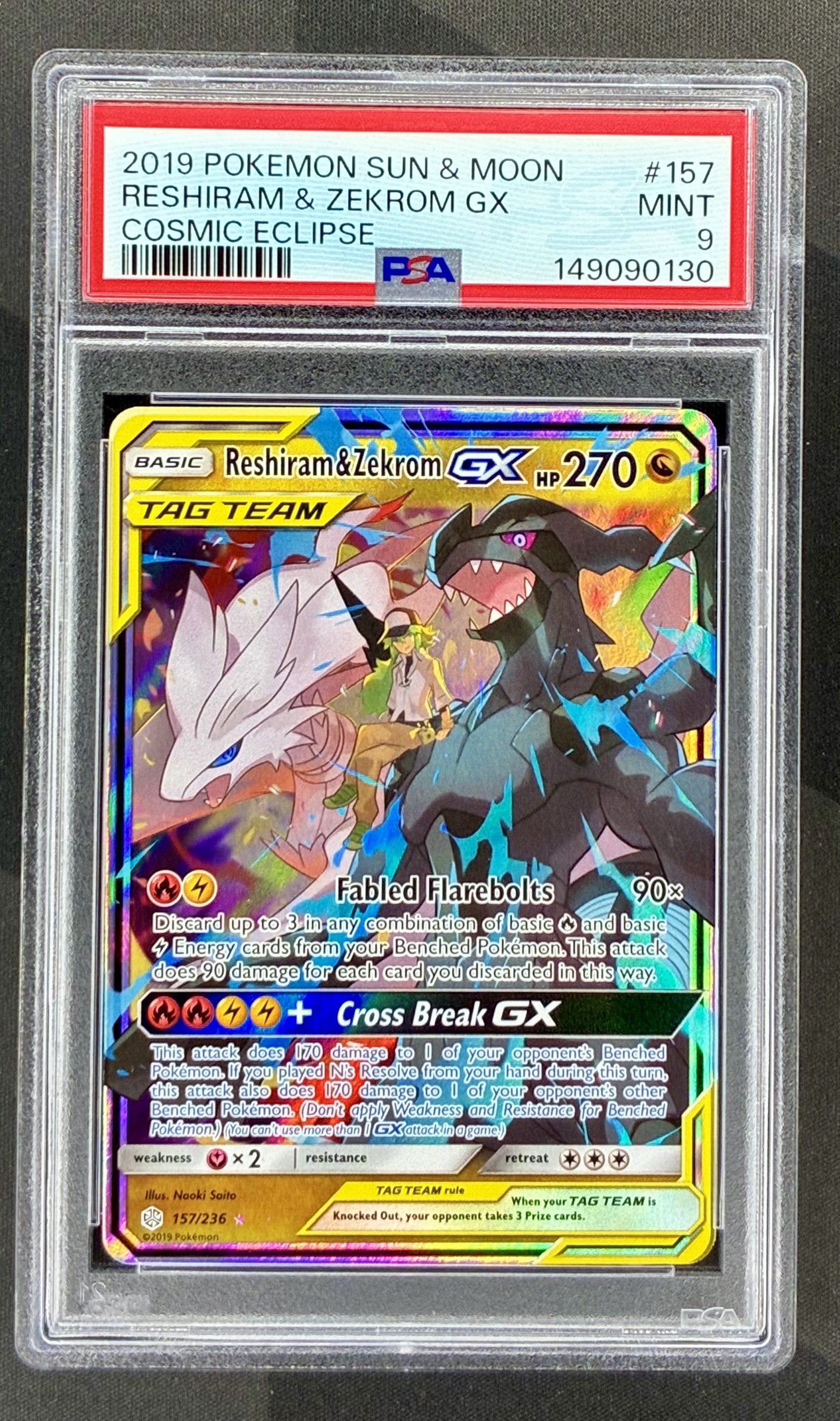 Reshiram and Zekrom GX 157/236 Cosmic Eclipse PSA 9 Pokemon card slab