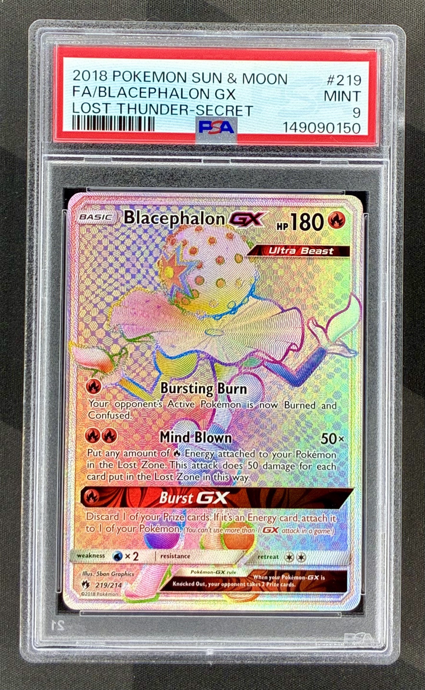 Blacephalon GX 219/214 Lost Thunder PSA 9 Secret Rare Pokemon card slab