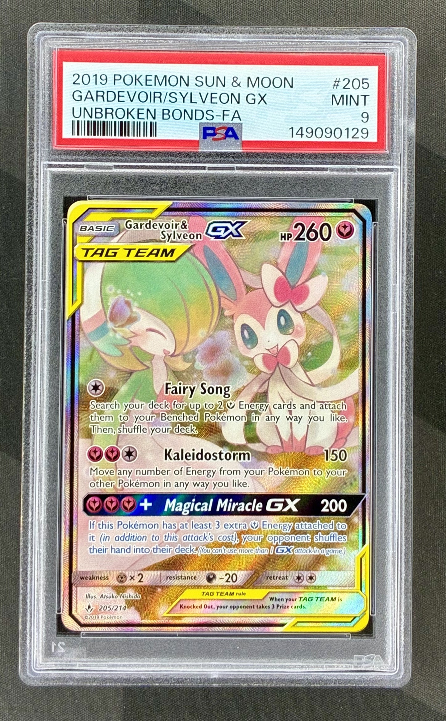 Gardevoir and Sylveon GX 205/214 Alt Art PSA 9 Unbroken Bonds Pokemon card slab