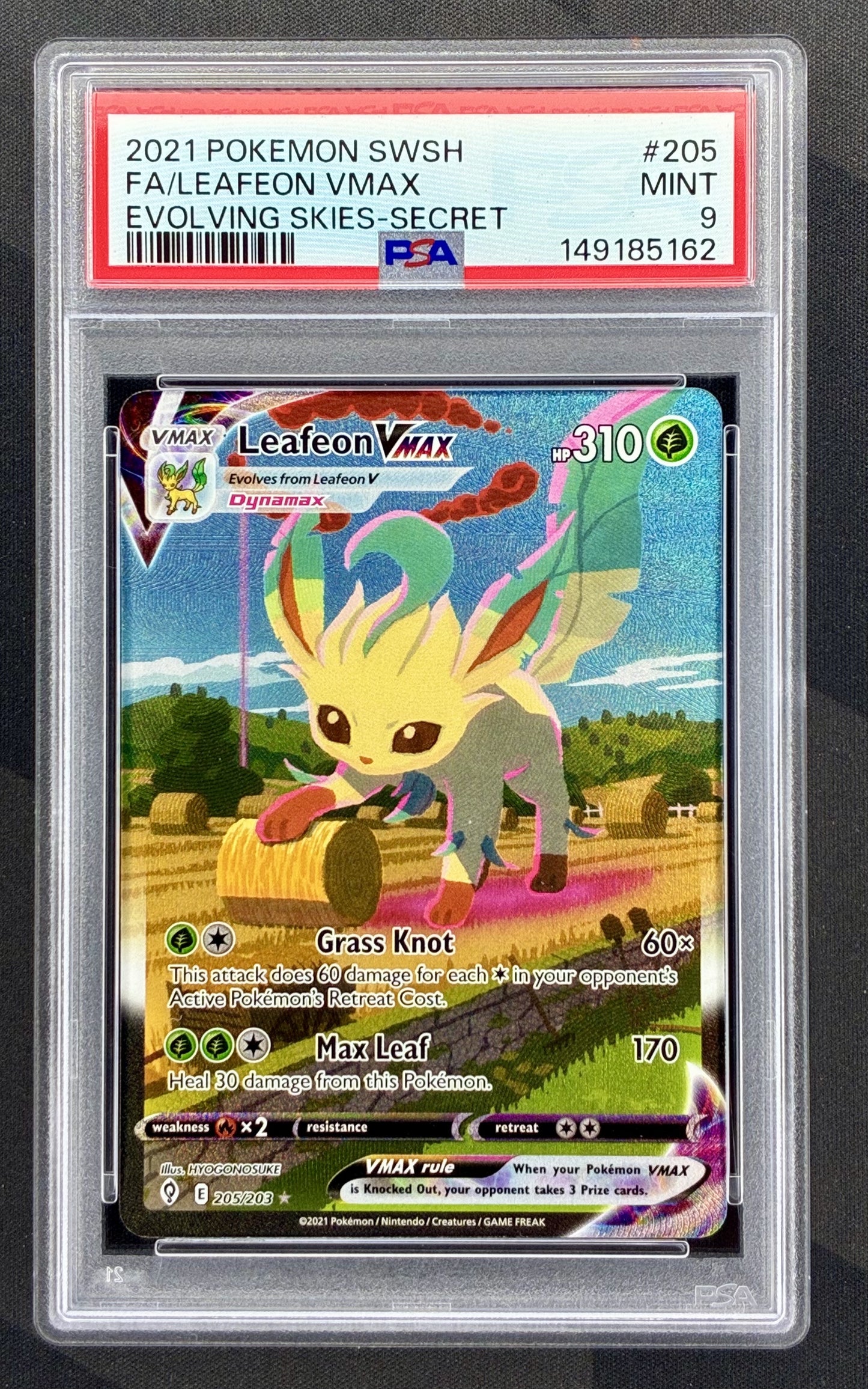 Leafeon VMAX 205/203 Evolving Skies PSA 9 Secret Rare Pokemon card slab
