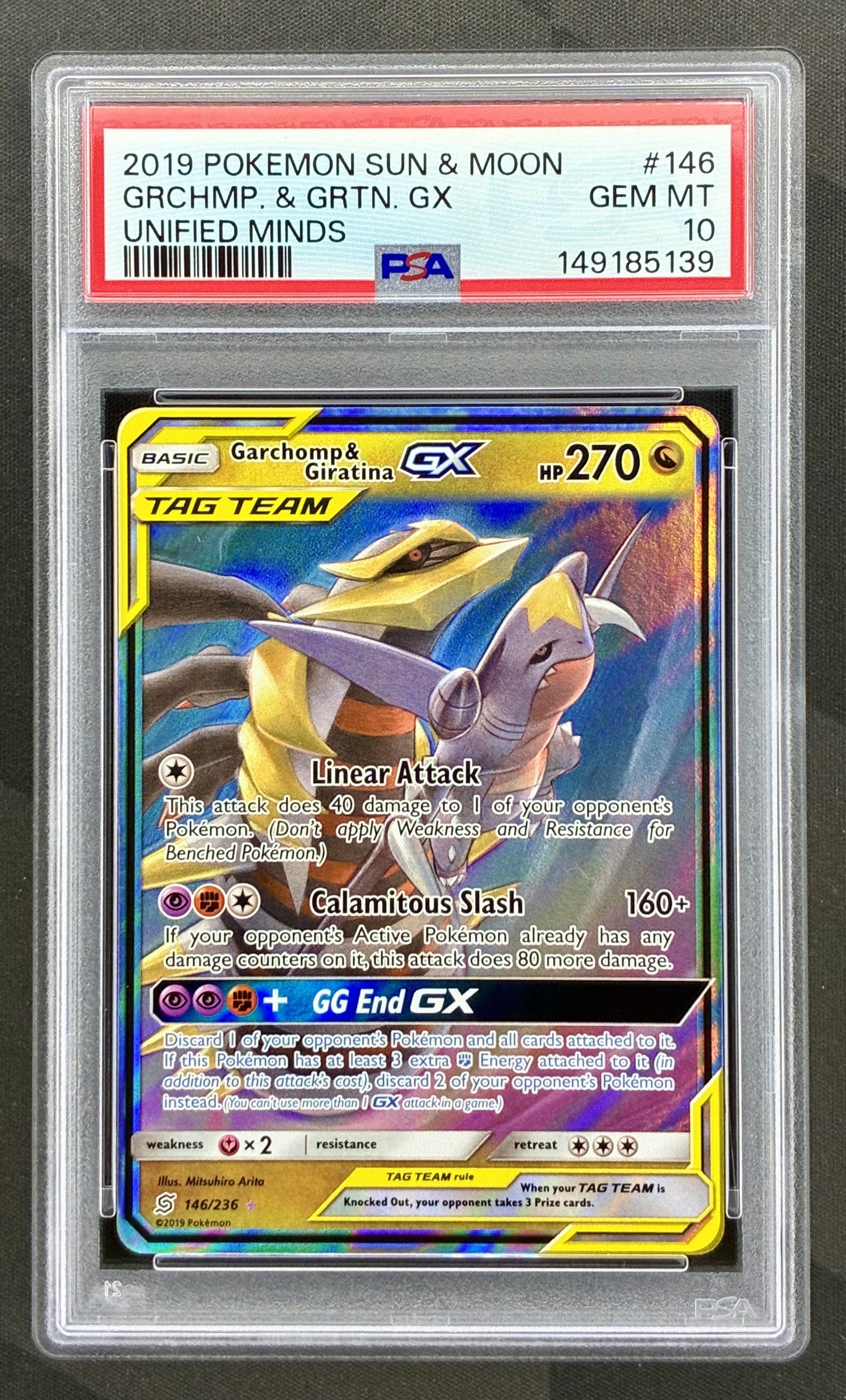 Garchomp and Giratina GX 146/236 Unified Minds PSA 10 Pokemon card slab