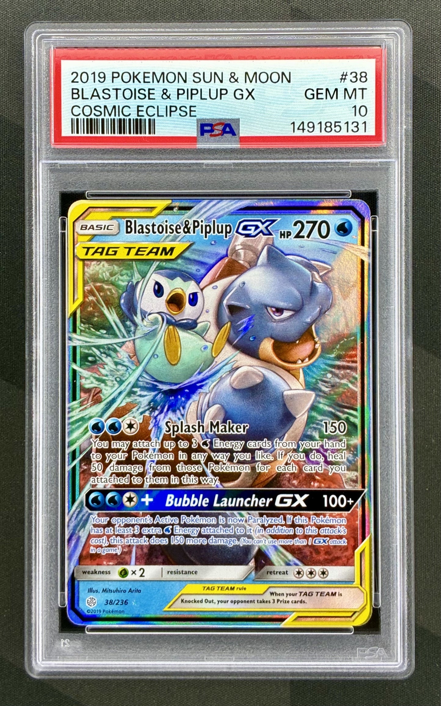 Blastoise and Piplup GX 38/236 Cosmic Eclipse PSA 10 Pokemon card slab