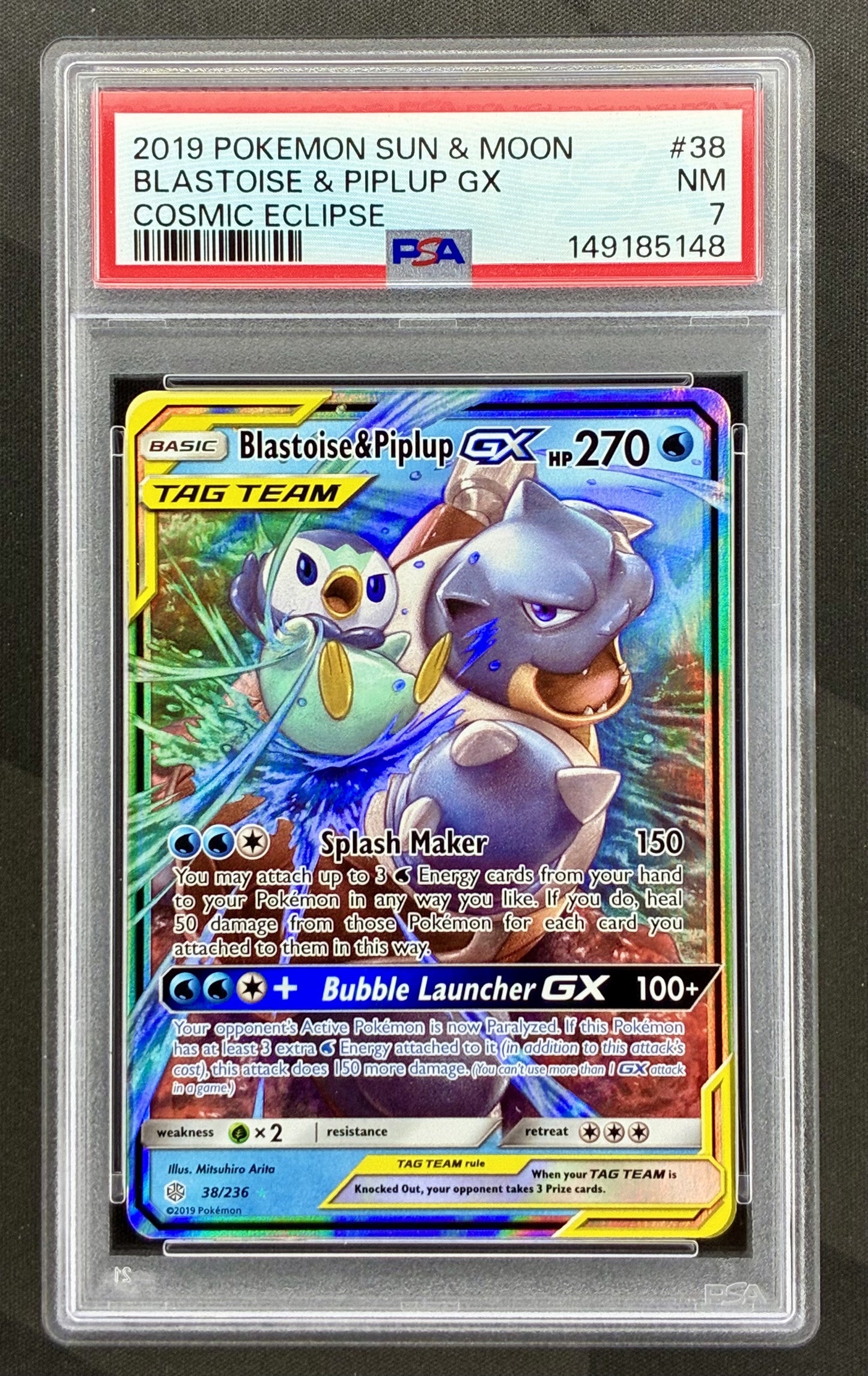 Blastoise and Piplup GX 38/236 Cosmic Eclipse PSA 7 Pokemon card slab