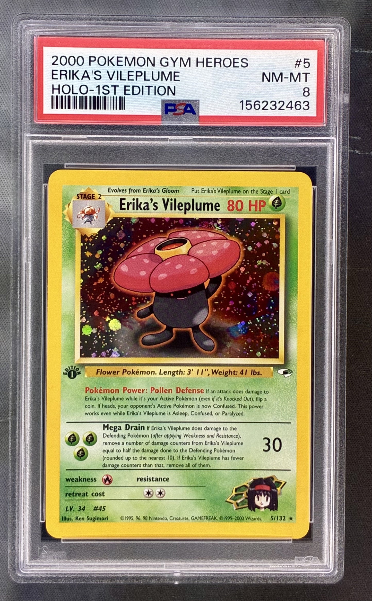 Erika’s Vileplume 5/132 1st Edition PSA 8 Gym Heroes holo Pokemon card