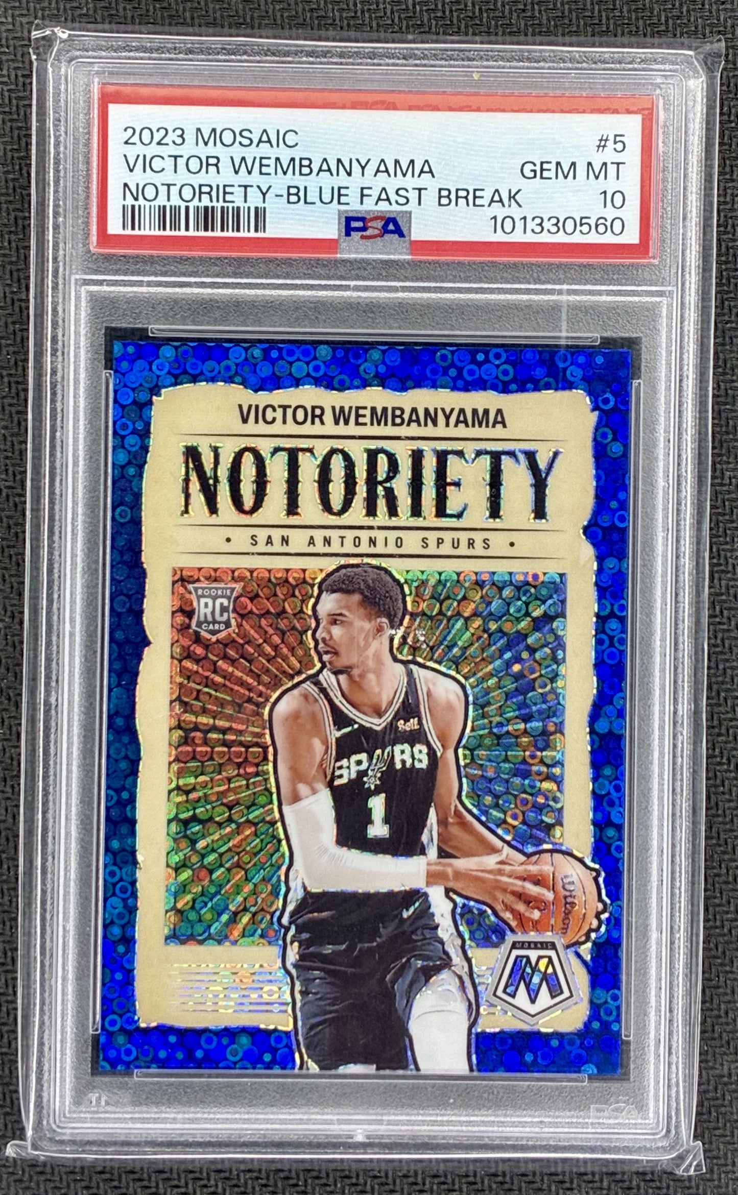 PSA 10 Victor Wembanyama 2023-24 Mosaic Notoriety Blue Fast Break /85 Rookie Card