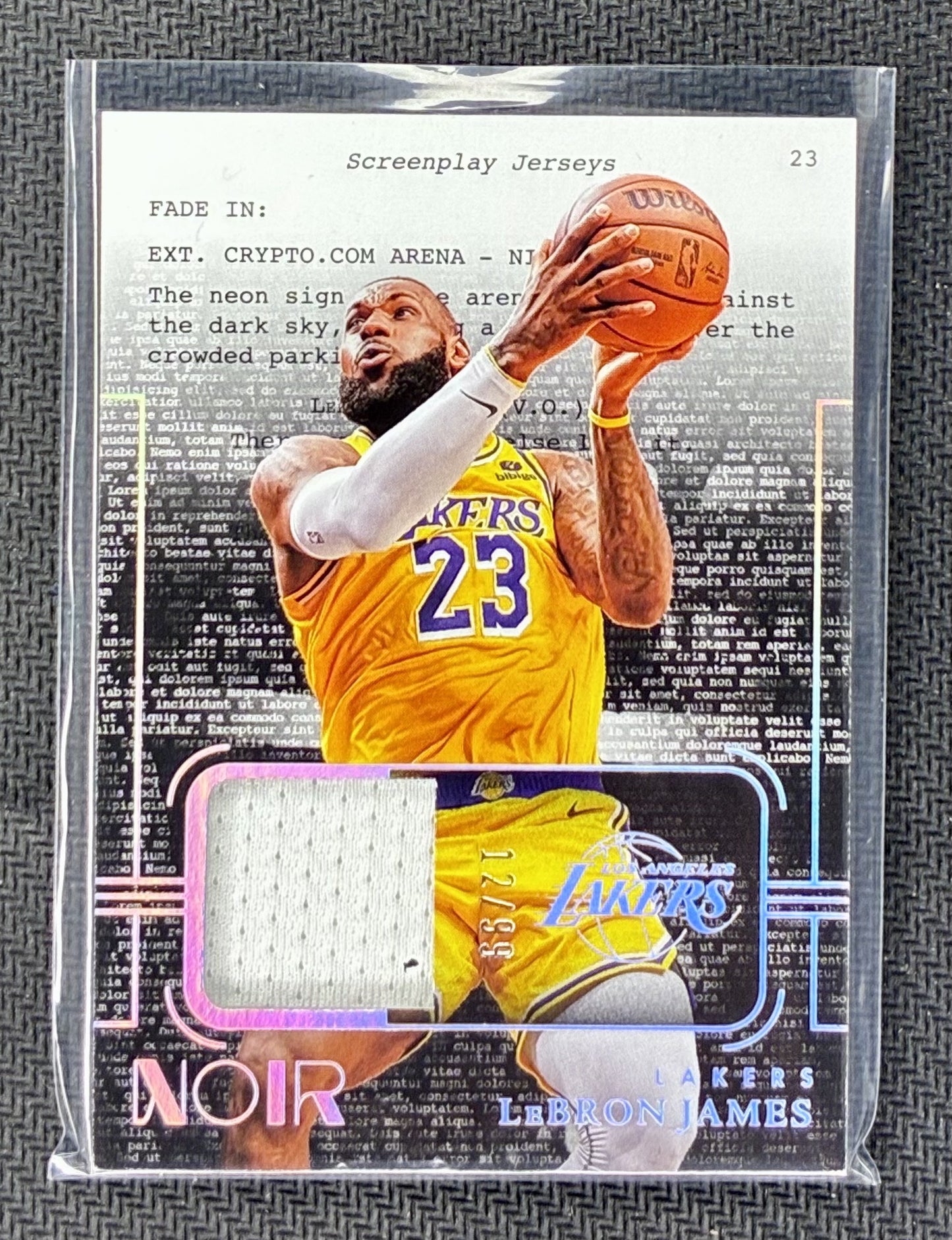 LeBron James 2023-24 Panini Noir Screenplay Jerseys Prime Holo Game-Worn Patch /99 Basketball Card