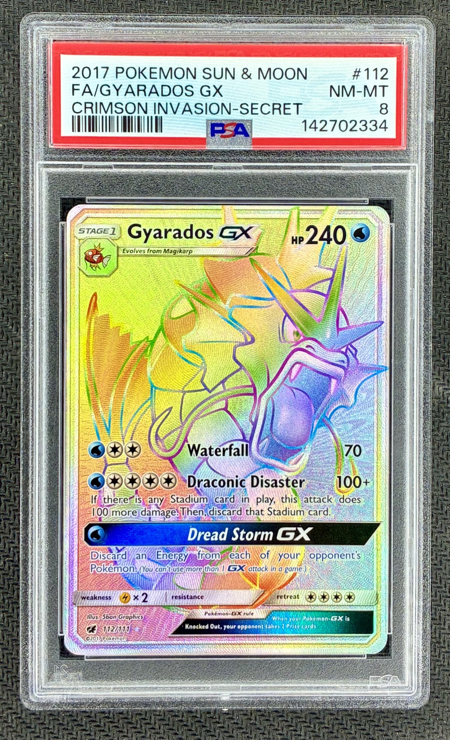 Pokemon Gyarados GX 112/111 Crimson Invasion Rainbow Secret Rare Full Art PSA 8 Card