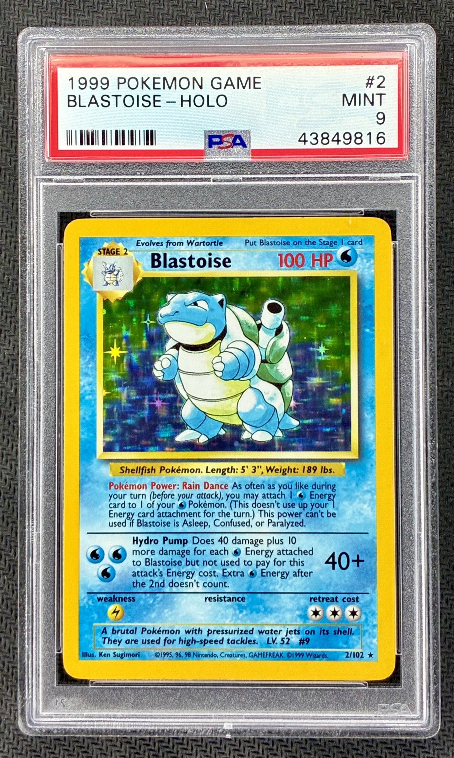 Pokemon Blastoise 2/102 1999 Base Set Holo PSA 9 Card