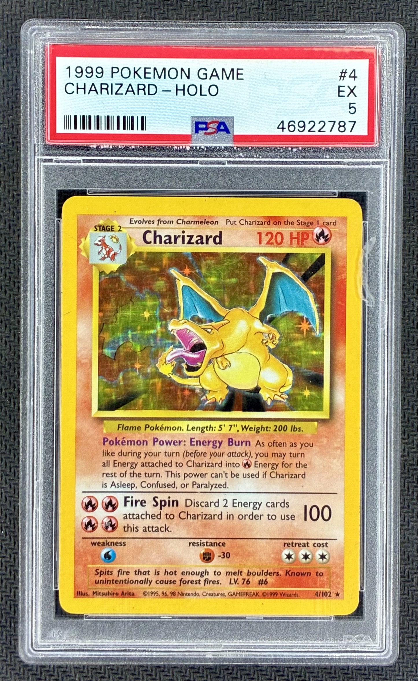 Pokemon Charizard 4/102 Base Set Holo Rare PSA 5 Card with mark on slab RHS near holo area visible in photos