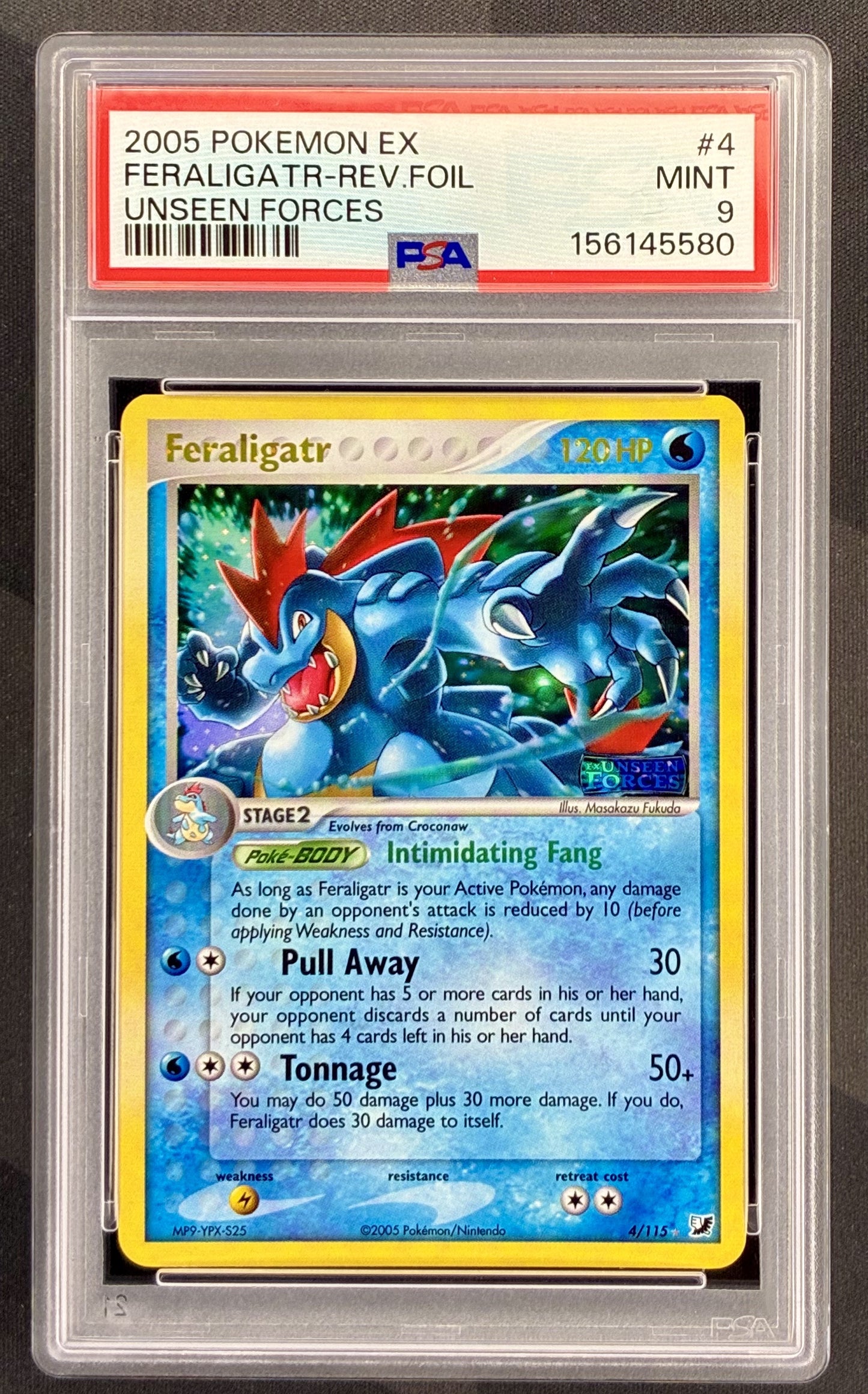 Pokemon Feraligatr 4 115 Reverse Holo Stamped EX Unseen Forces PSA 9 MINT Graded English Pokemon Card Collectible