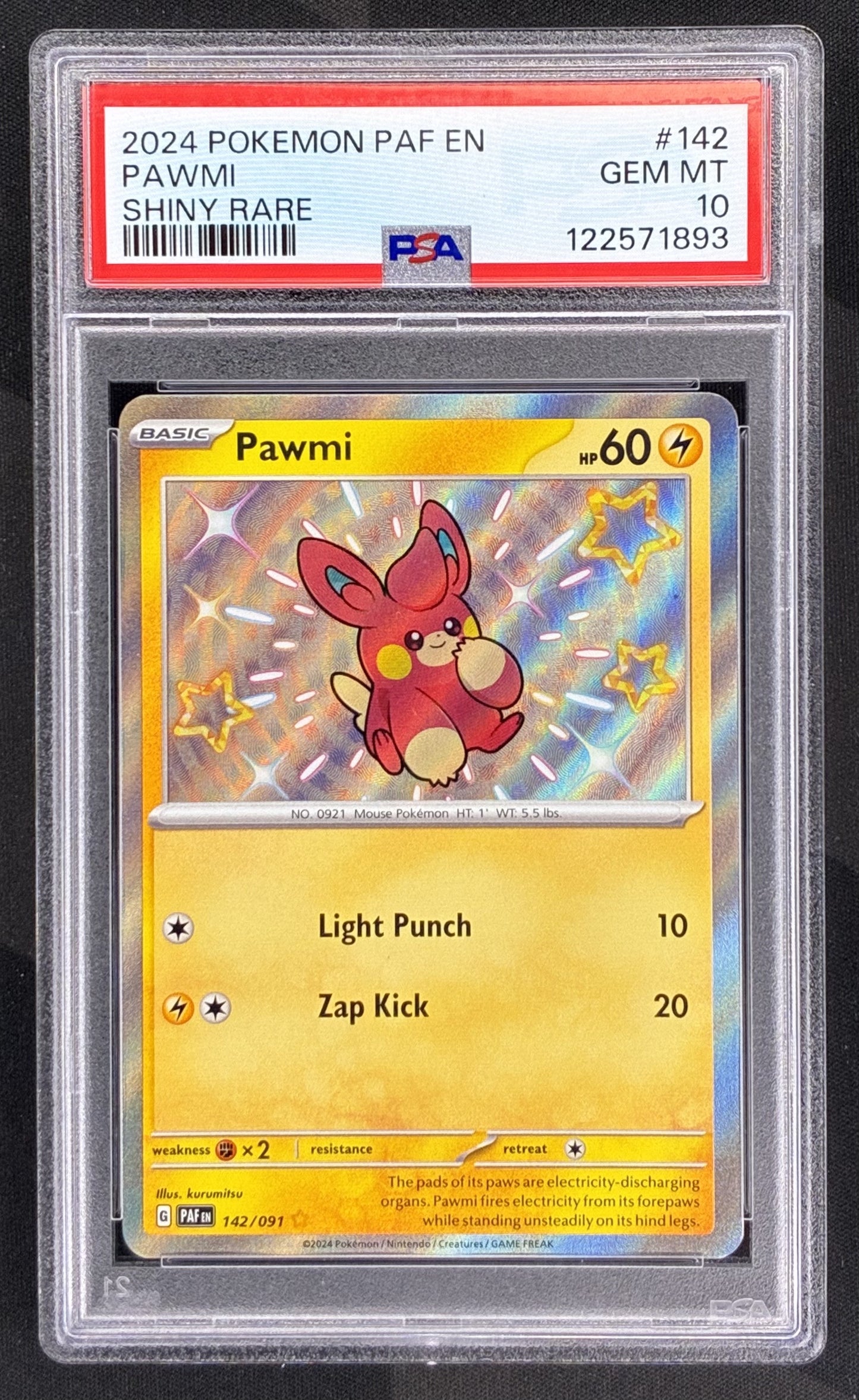 Pokemon Pawmi 142 091 Shiny Rare Holo Paldean Fates PSA 10 GEM MINT English Pokemon Card Collectible