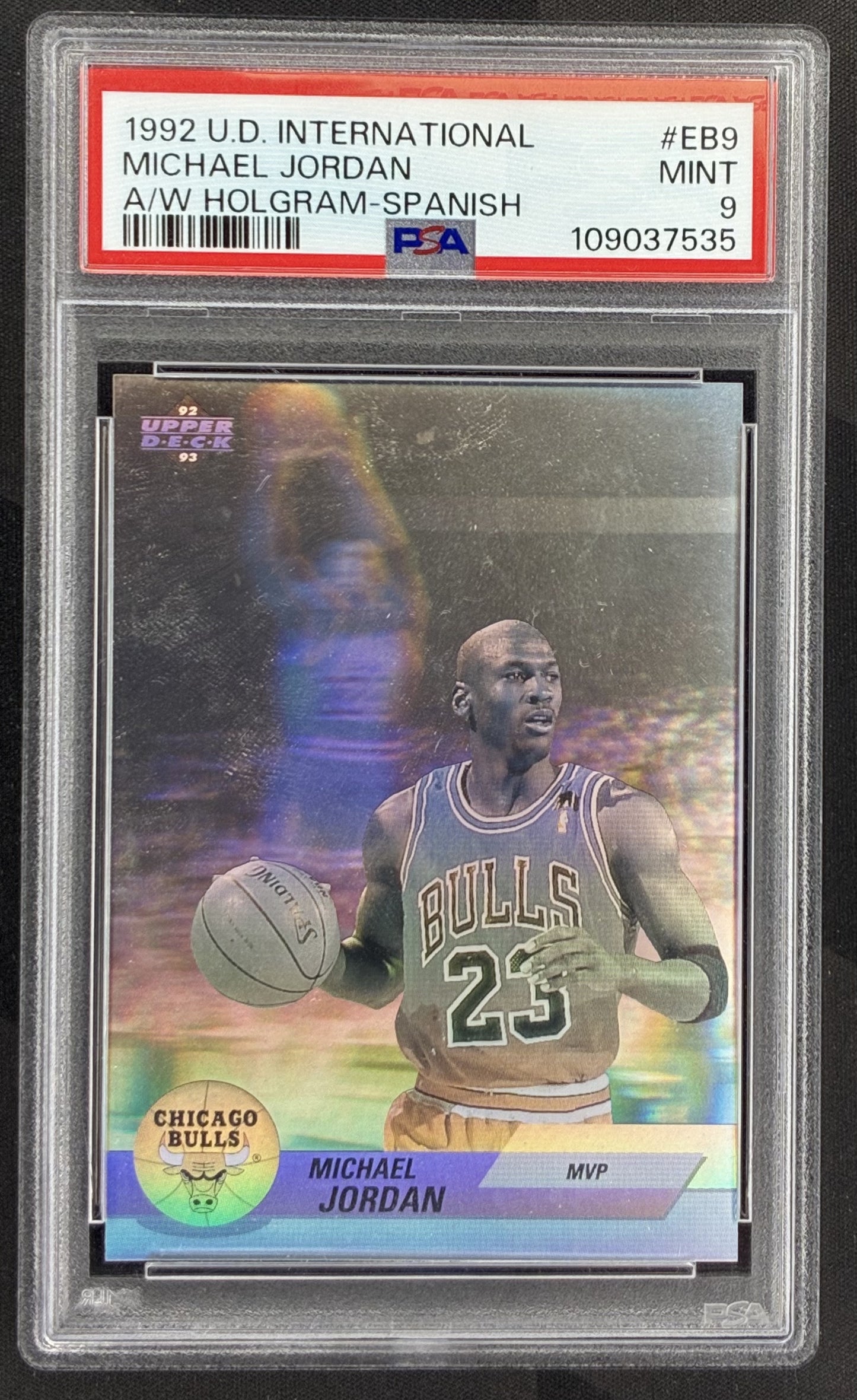 Michael Jordan 1992 Upper Deck International Spanish Hologram EB9 PSA 9 Mint Chicago Bulls Basketball Card Collectible Graded Hologram Insert Card Rare International Issue