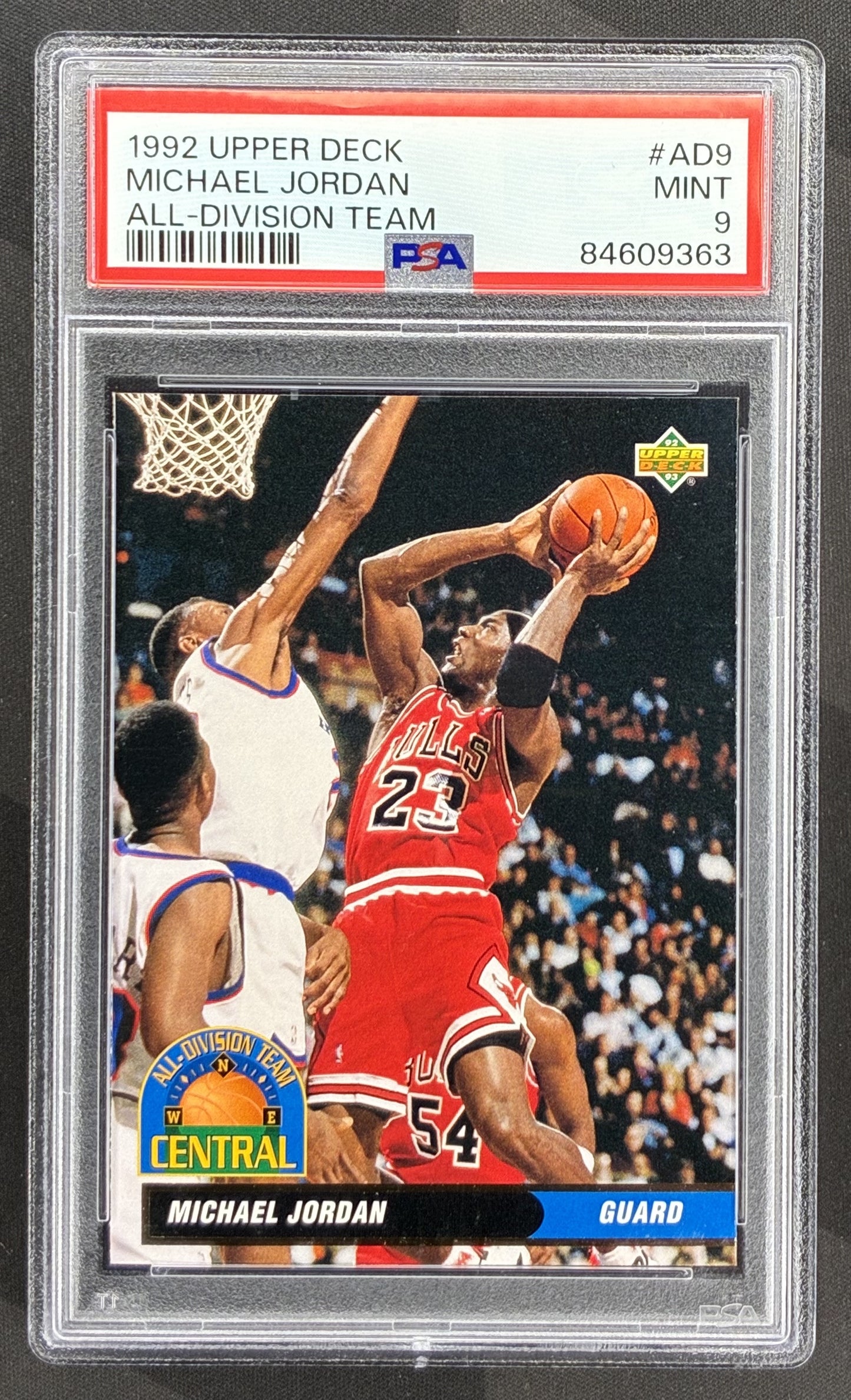 1992 Upper Deck All-Division Team Michael Jordan #AD9 PSA 9 Mint Chicago Bulls basketball card vintage NBA Hall of Fame collectible.