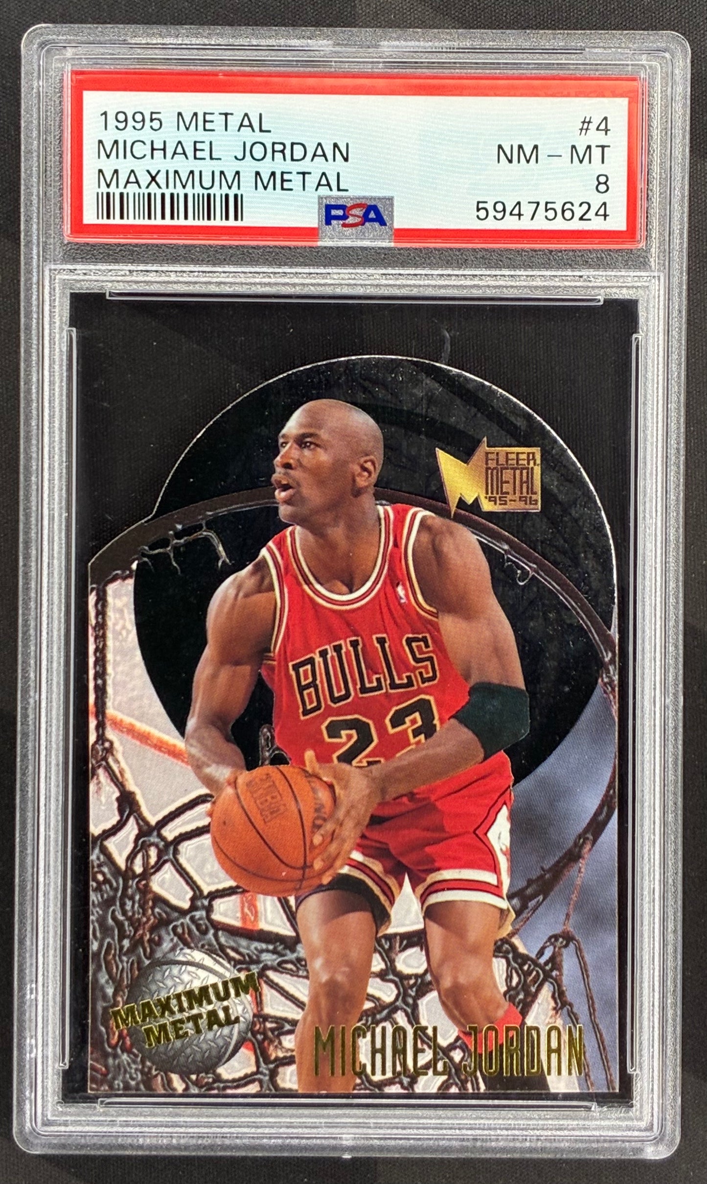 1995 Fleer Metal Maximum Metal Michael Jordan #4 PSA 8 NM-MT Chicago Bulls basketball card rare 1990s insert collectible.