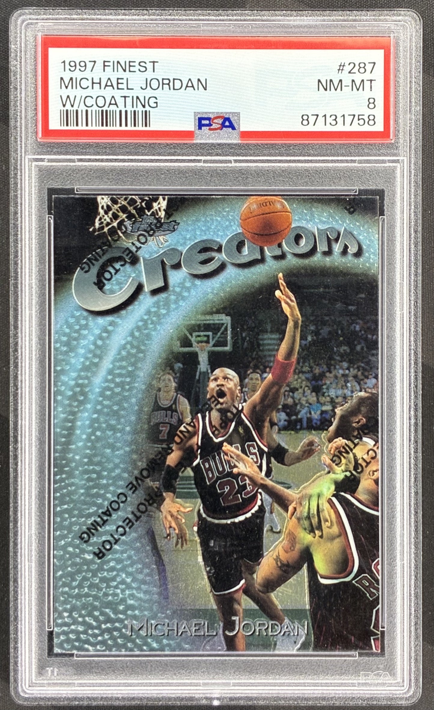 1997 Topps Finest Creators Uncommon Silver Michael Jordan #287 PSA 8 NM-MT Chicago Bulls basketball card chrome insert collectible.