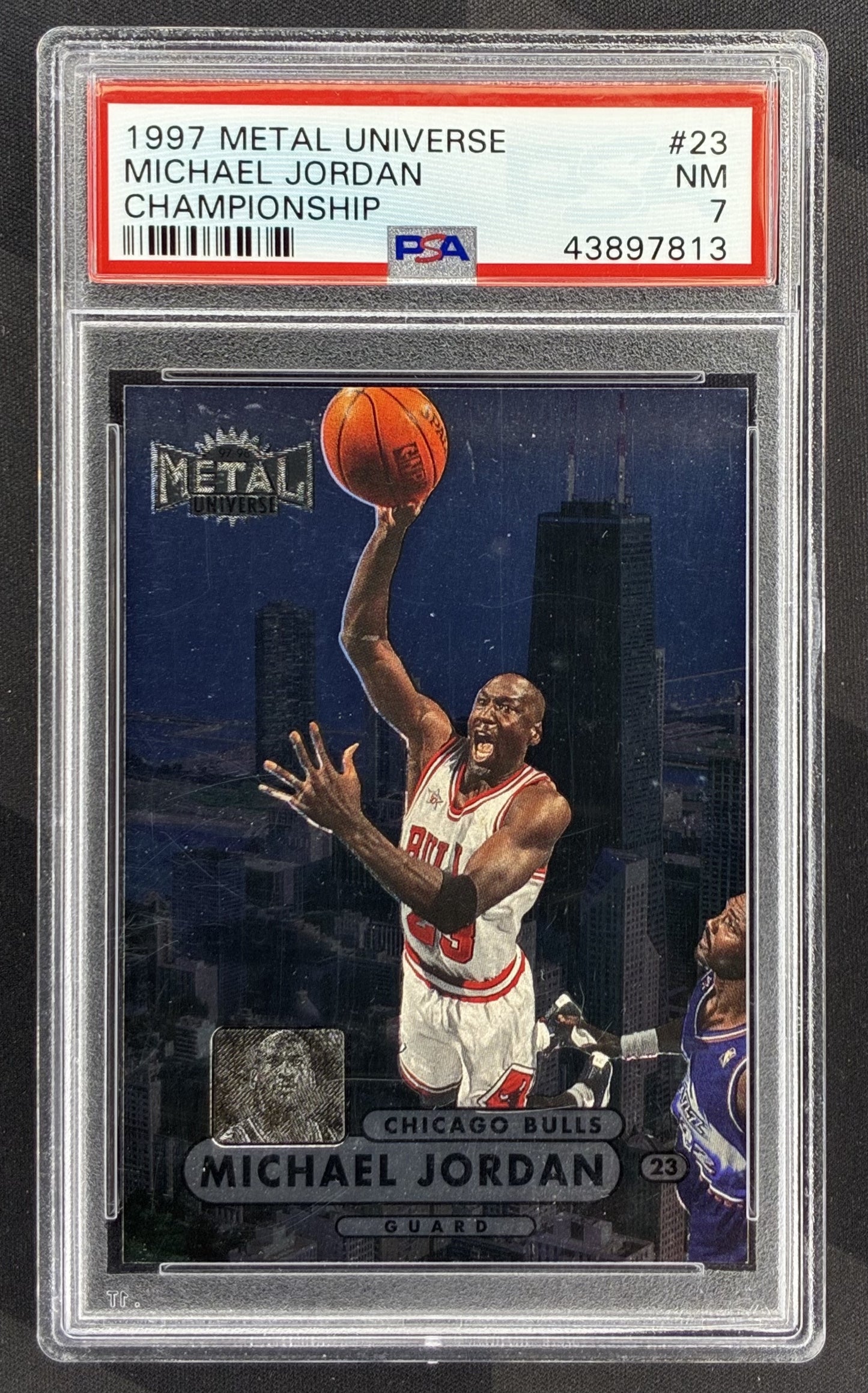 1997-98 Metal Universe Championship Preview Michael Jordan #23 PSA 7 NM Chicago Bulls basketball card 1990s NBA collectible.