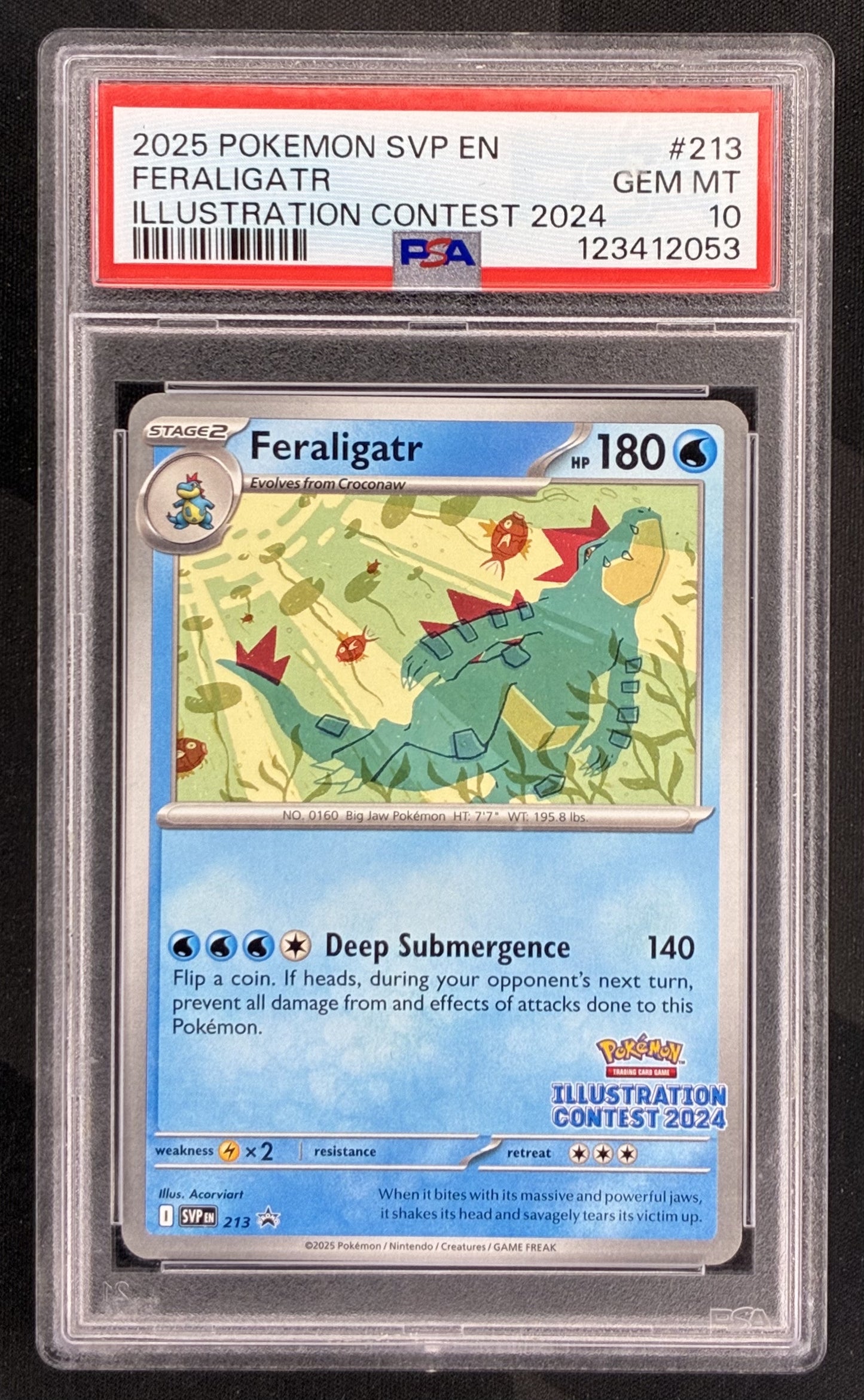 Feraligatr SVP213 Illustration Contest 2024 Black Star Promo PSA 10 Gem Mint graded English Pokémon trading card.