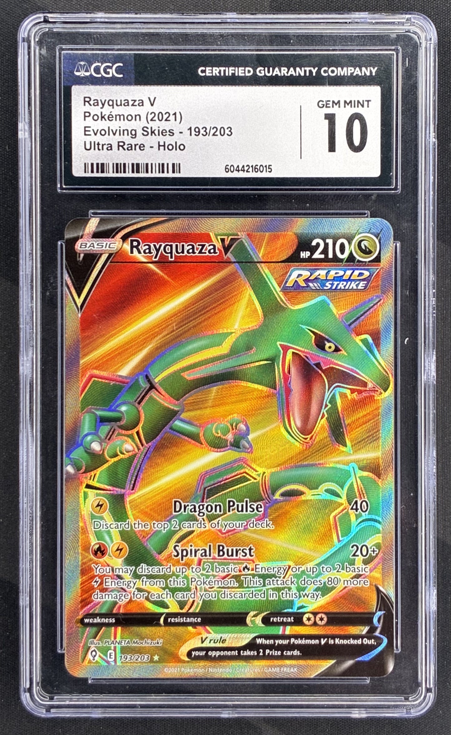 2021 Pokémon Rayquaza V 193/203 Evolving Skies Ultra Rare Full Art CGC 10 Gem Mint English trading card.