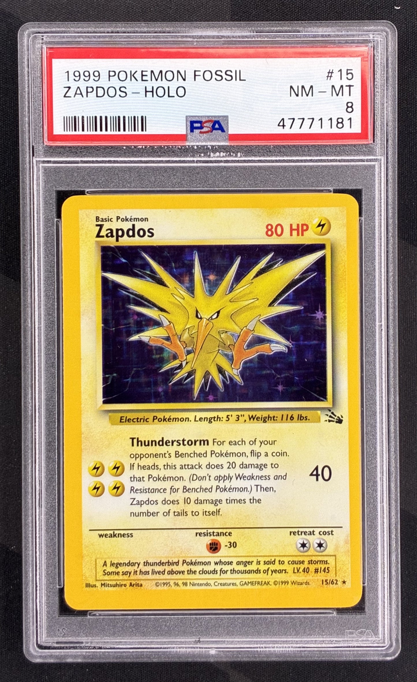 1999 Pokémon Zapdos 15/62 Fossil Holo Rare PSA 8 NM-MT graded English trading card.