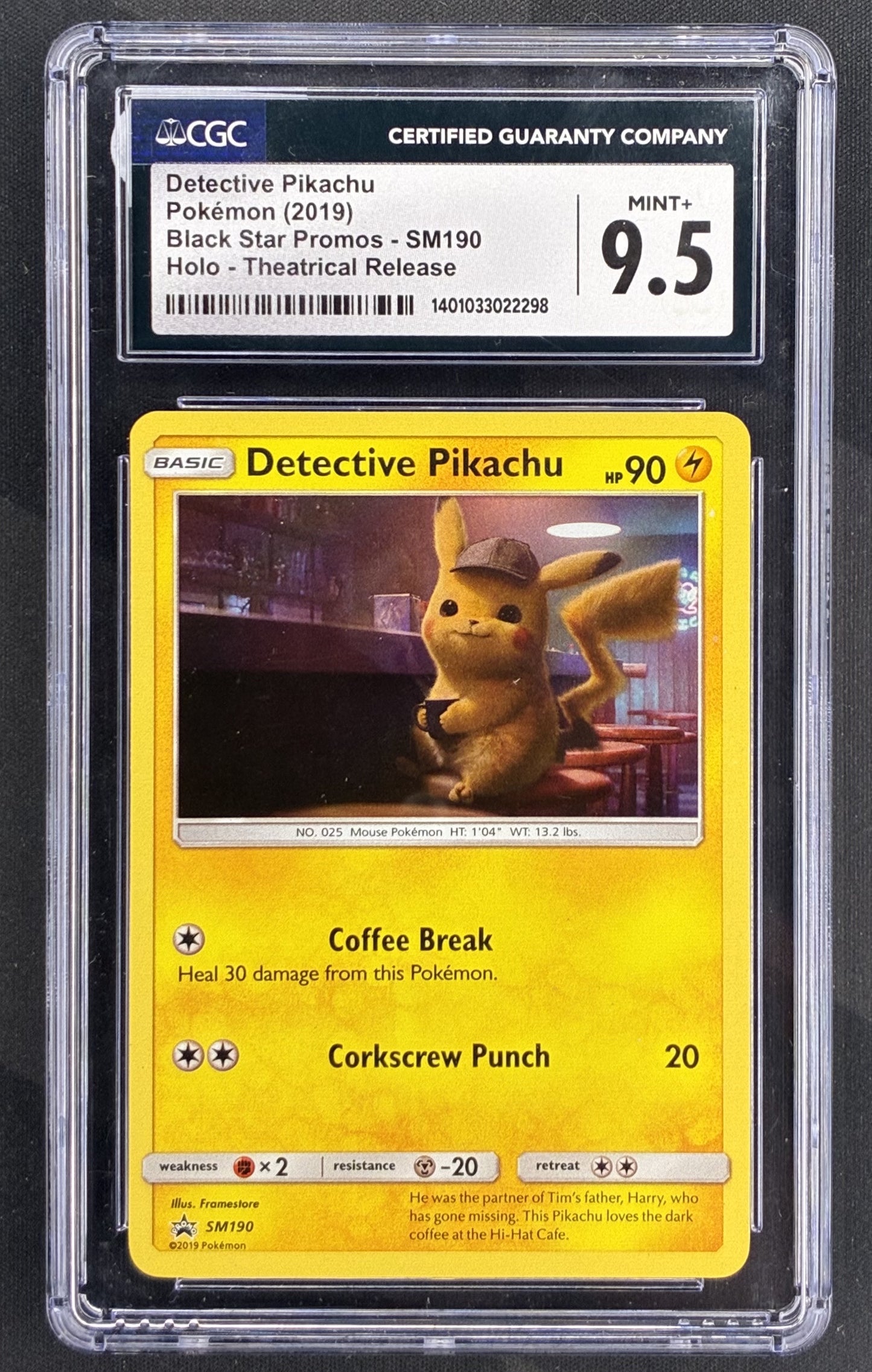 2019 Pokémon Detective Pikachu SM190 Holo Promo CGC 9.5 Gem Mint. Official English Black Star Promo professionally graded by CGC.