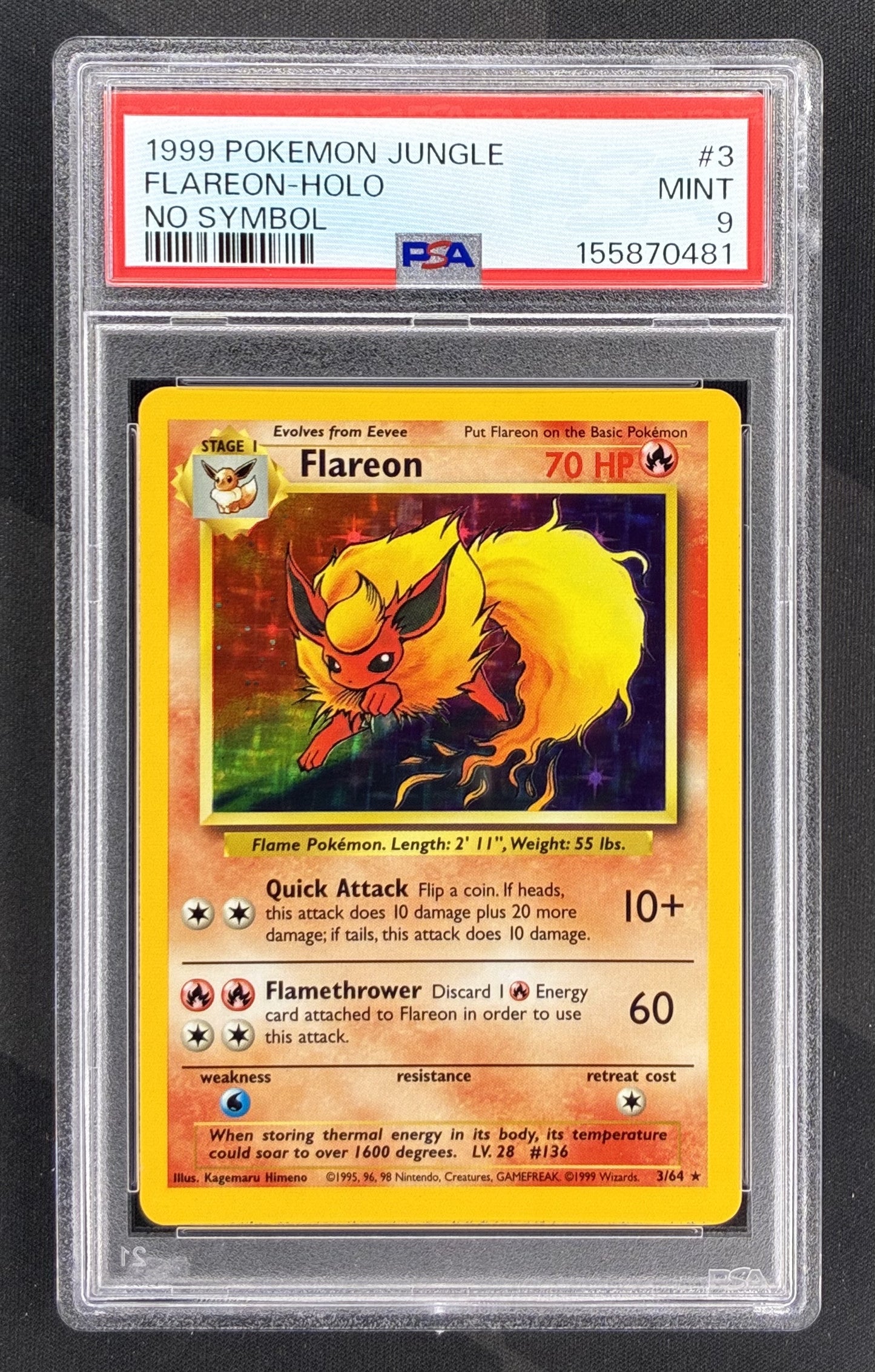 1999 Pokémon Jungle Flareon No Symbol Error Holo #3/64 PSA 9 Mint graded English Wizards of the Coast trading card.