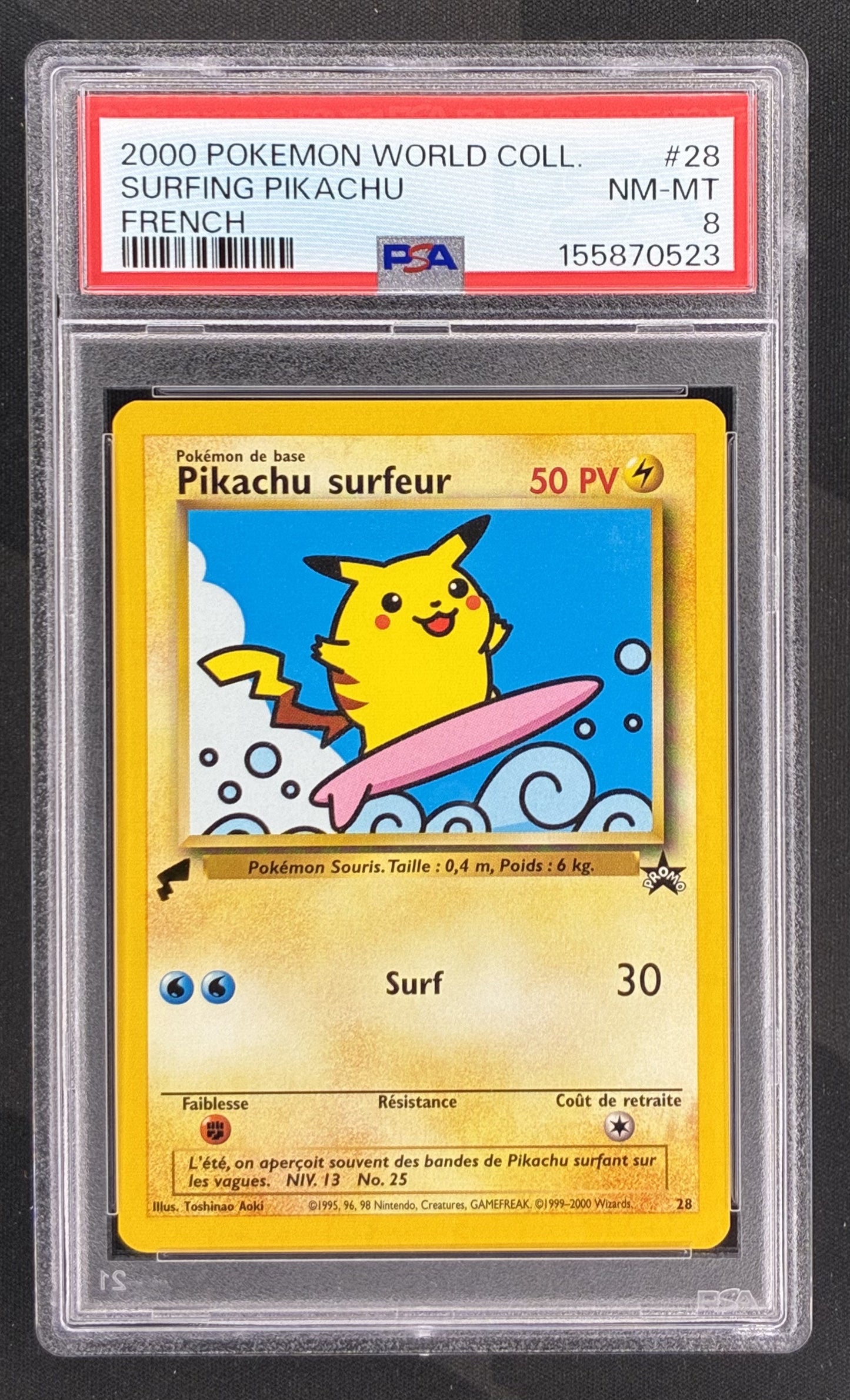 2000 Pokémon Pikachu World Collection French Surfing Pikachu #28 PSA 8 NM-MT graded trading card.