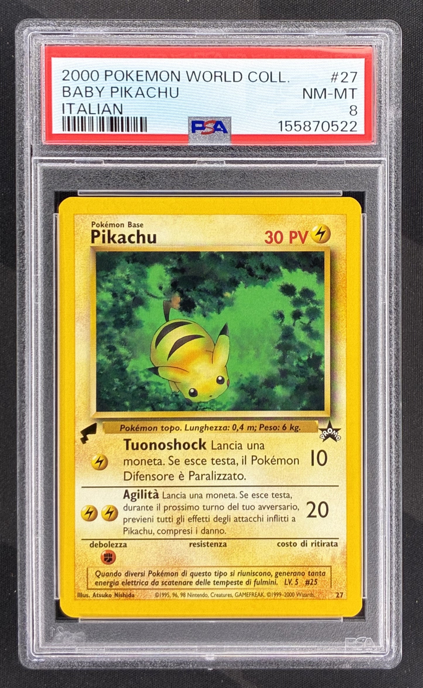 2000 Pokémon Pikachu World Collection Italian Baby Pikachu #27 PSA 8 NM-MT graded trading card.