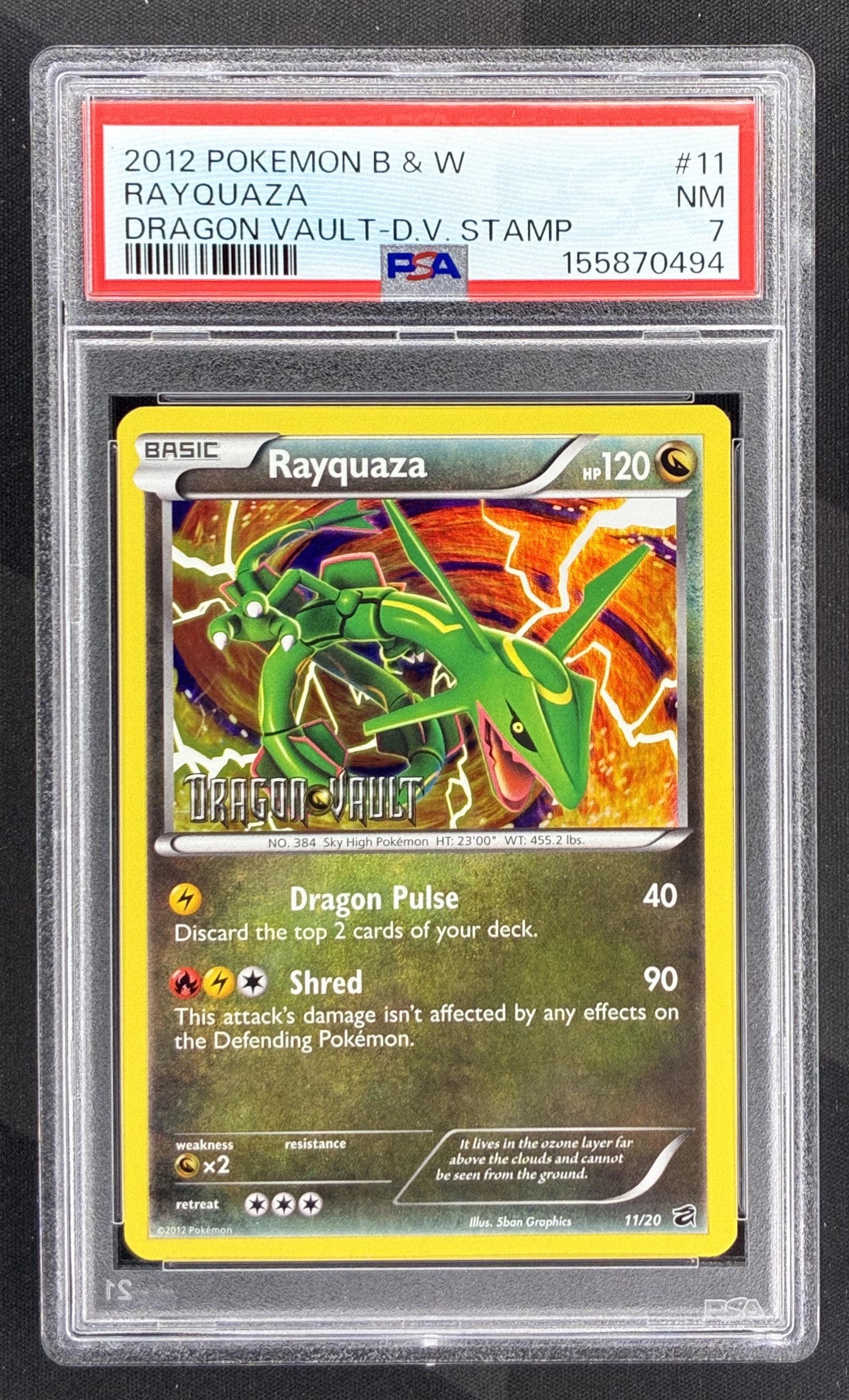 2012 Pokémon Rayquaza 11/20 Dragon Vault Stamped Holo PSA 7 NM
