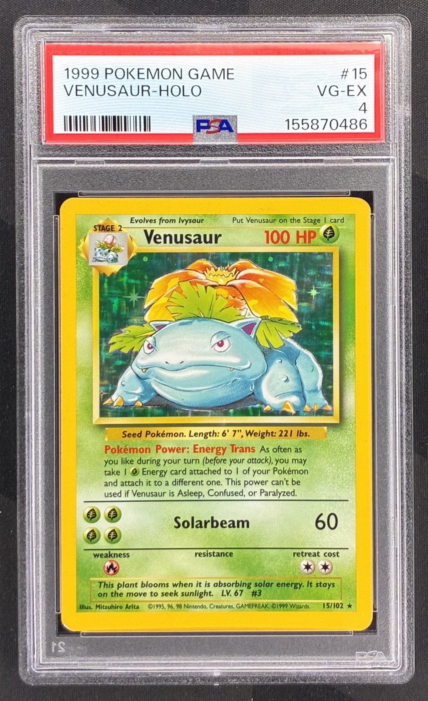 1999 Pokémon Venusaur 15/102 Base Set Holo Rare PSA 4 VG-EX graded English Wizards of the Coast trading card.