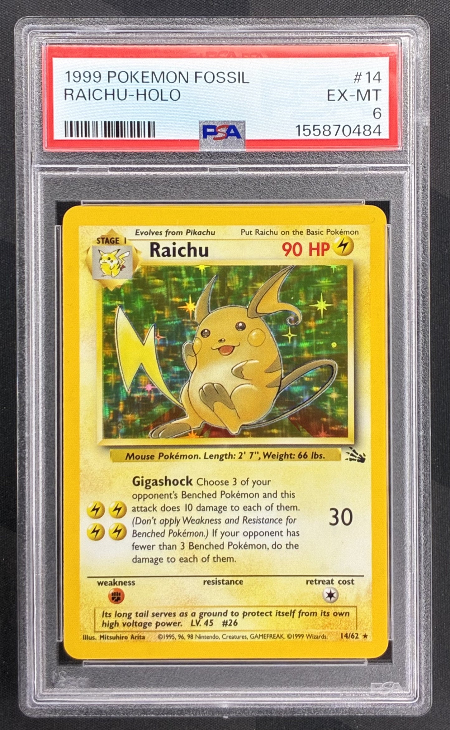 1999 Pokémon Raichu 14/62 Fossil Unlimited Holo Rare PSA 6 EX-MT graded English Wizards of the Coast trading card.