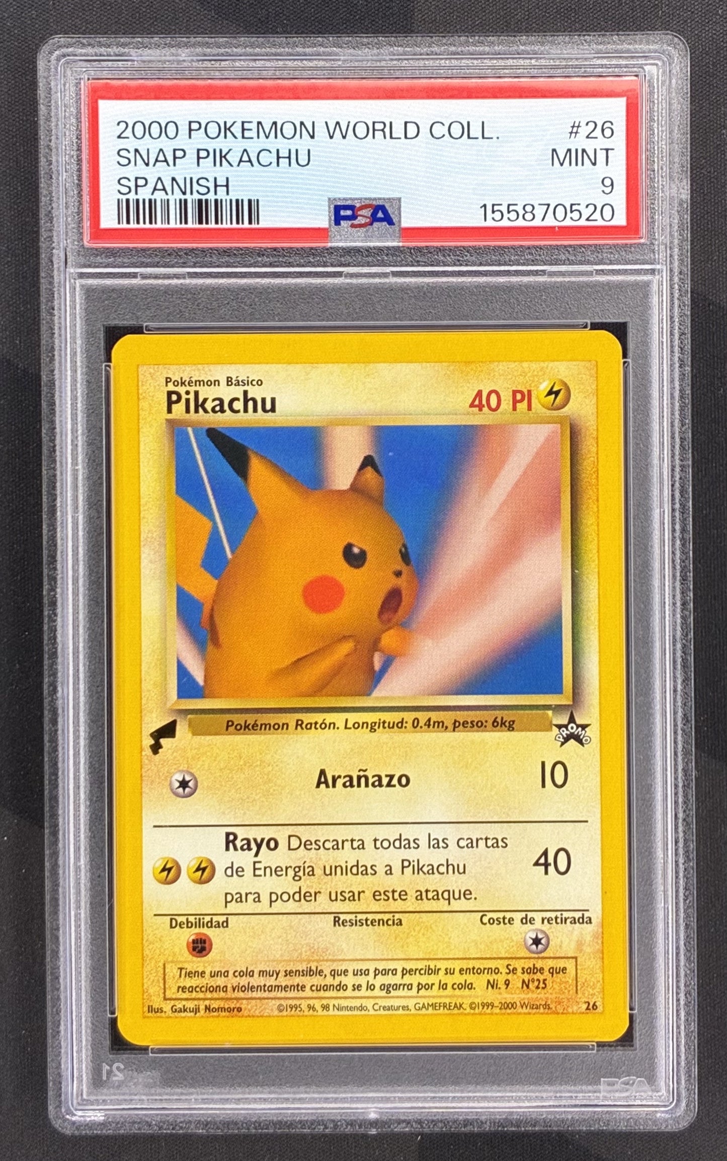 2000 Pokémon World Collection Spanish Snap Pikachu #26 Black Star Promo PSA 9 Mint graded trading card.
