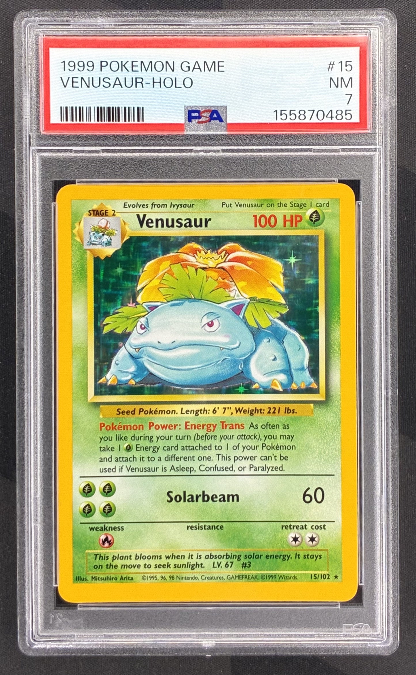 1999 Pokémon Venusaur 15/102 Base Set Holo Rare PSA 7 Near Mint graded English Wizards of the Coast trading card.