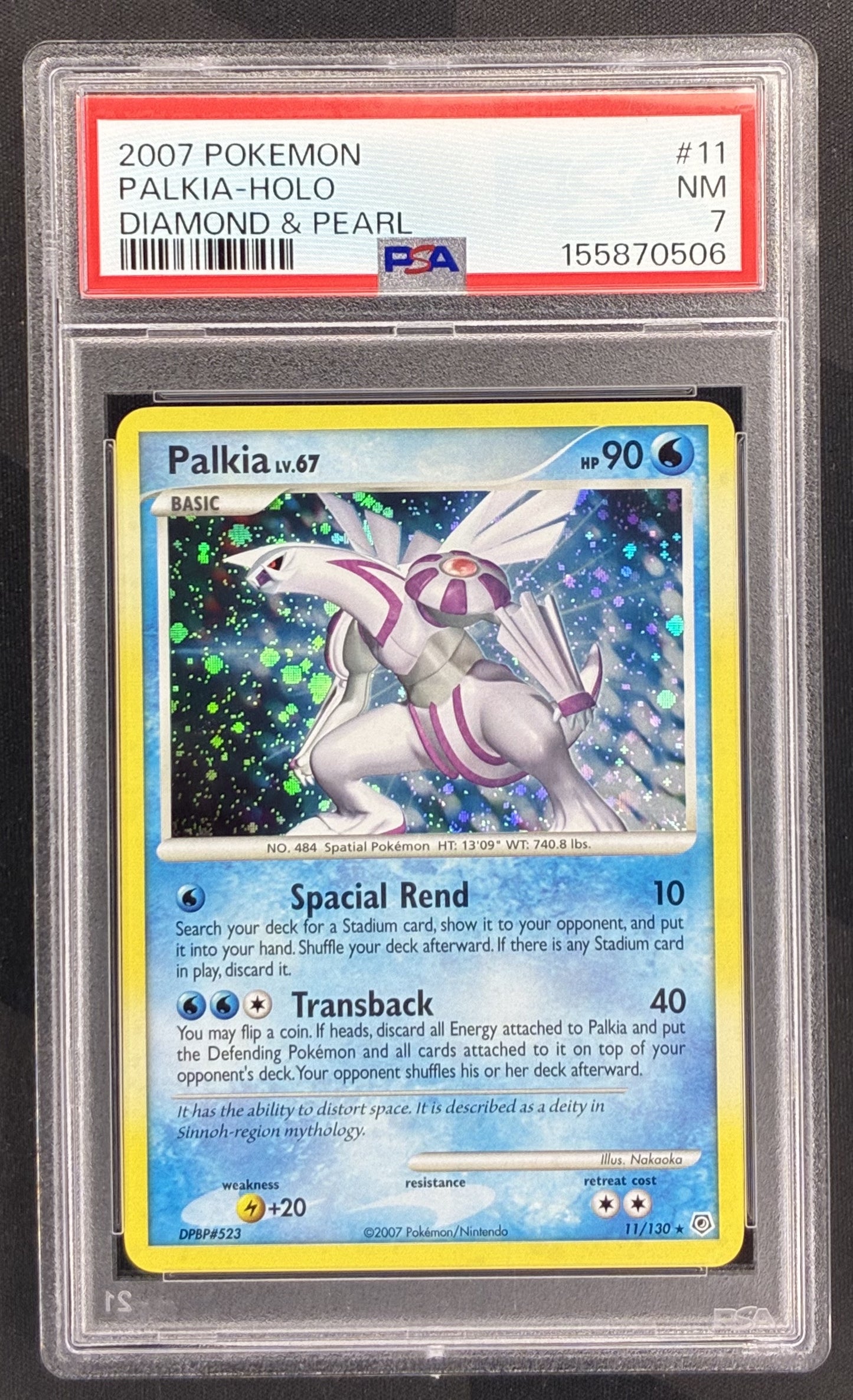 2007 Pokémon Palkia 11/130 Diamond & Pearl Holo PSA 7 Near Mint graded English trading card.