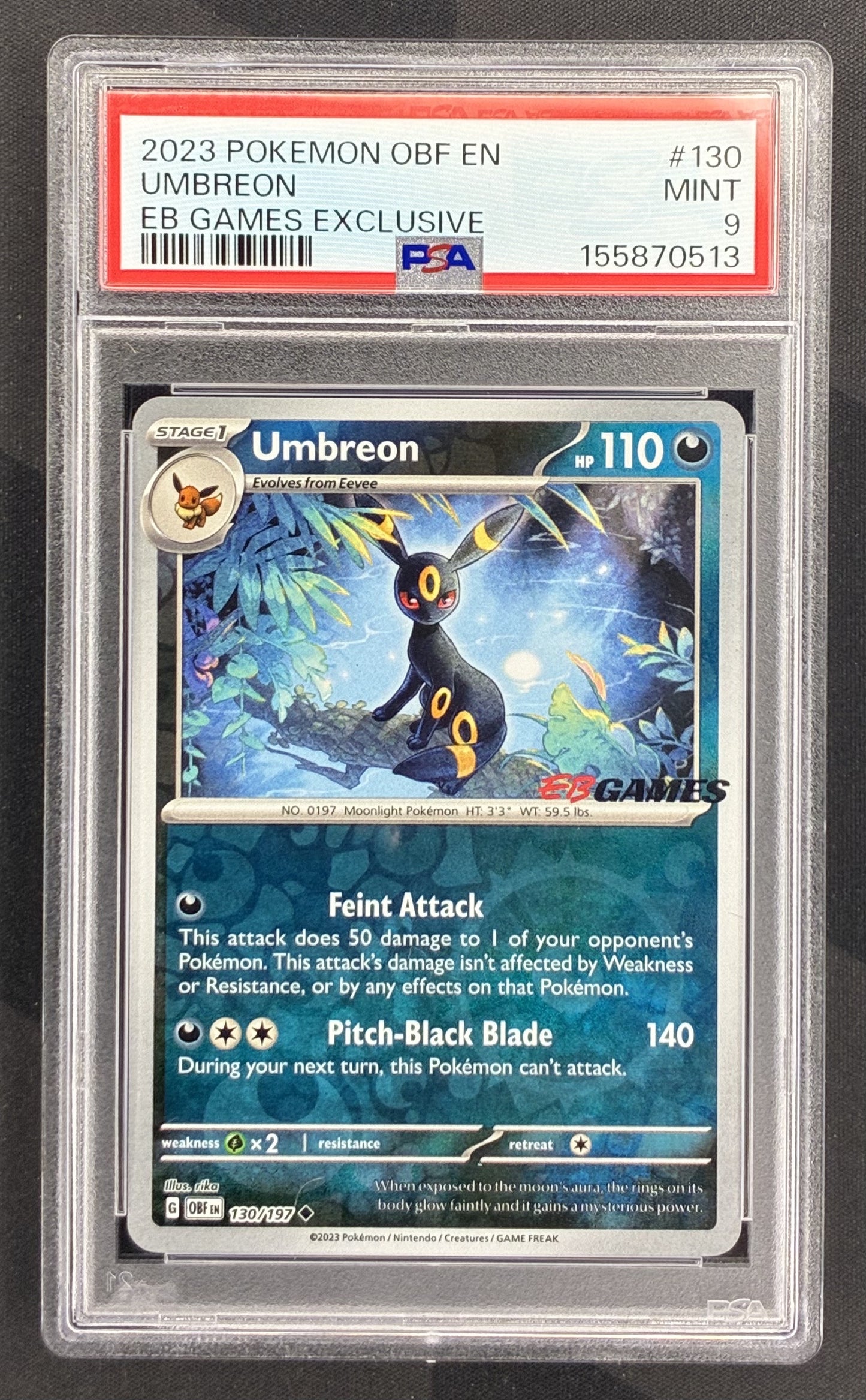2023 Pokémon Umbreon 130/197 Obsidian Flames EB Games Exclusive PSA 9 Mint graded English trading card.