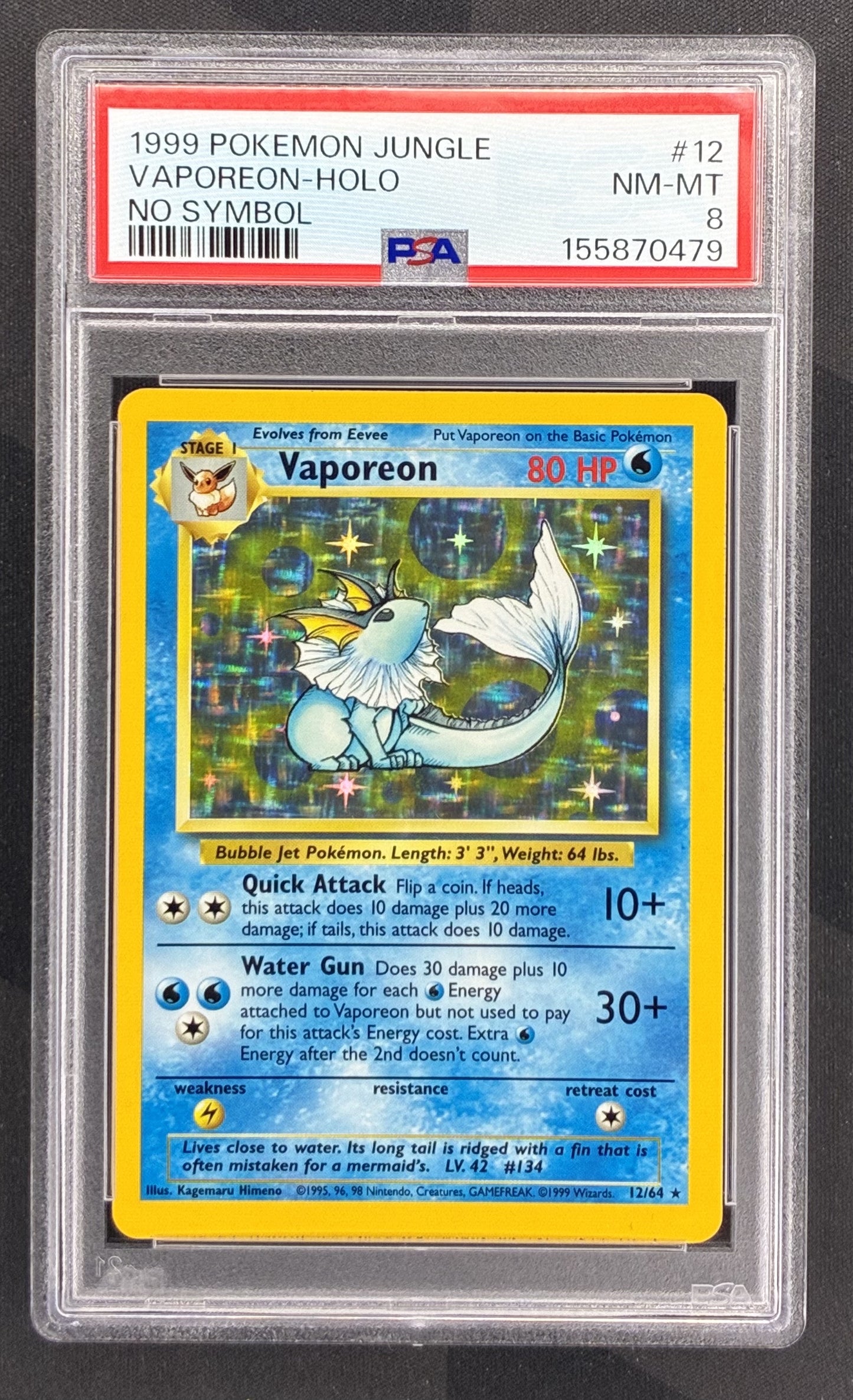 1999 Pokémon Vaporeon 12/64 Jungle Holo Rare PSA 8 NM-MT graded English Wizards of the Coast trading card.