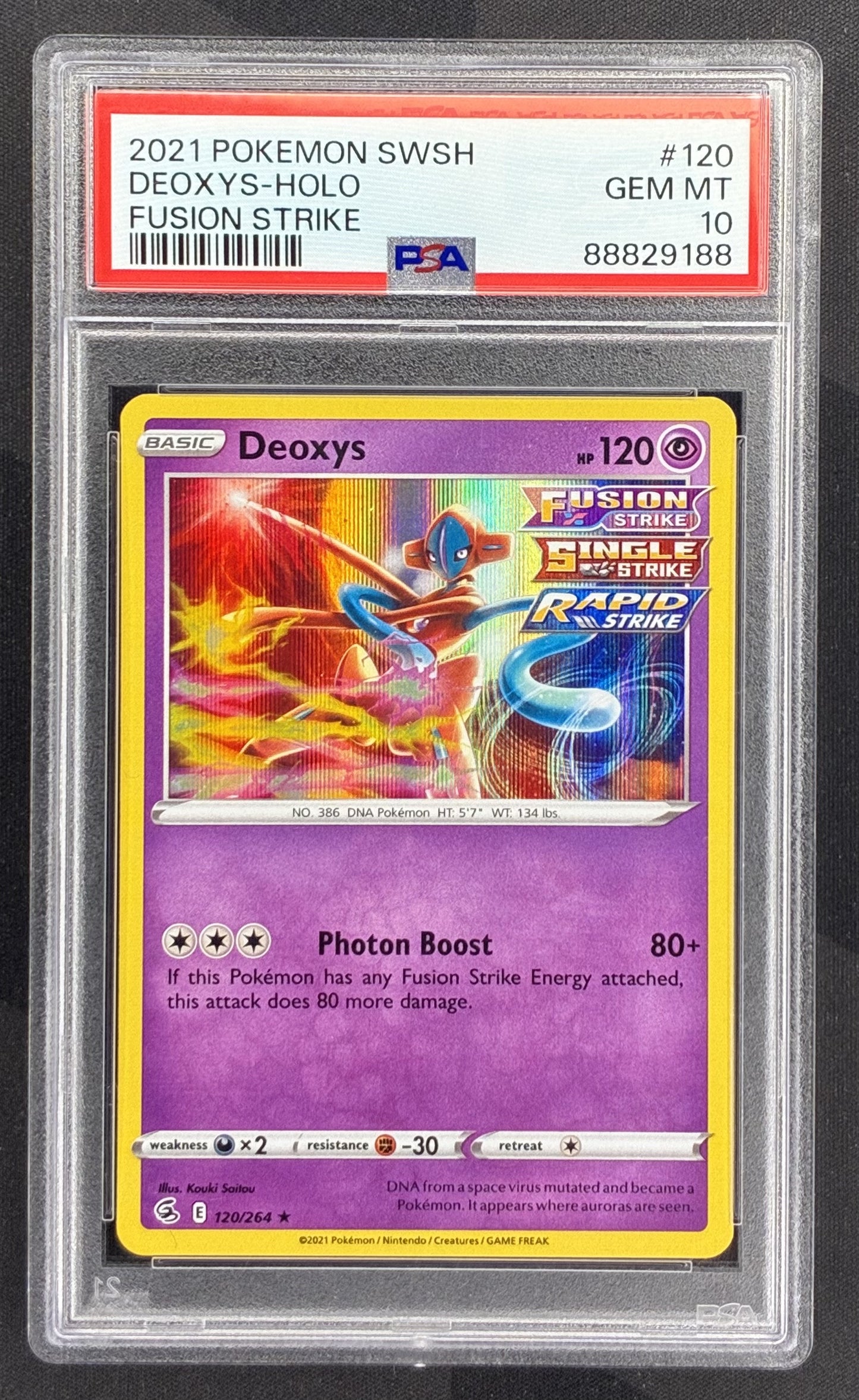 2021 Pokémon Deoxys 120/264 Sword & Shield Fusion Strike Holo PSA 10 Gem Mint graded English trading card.