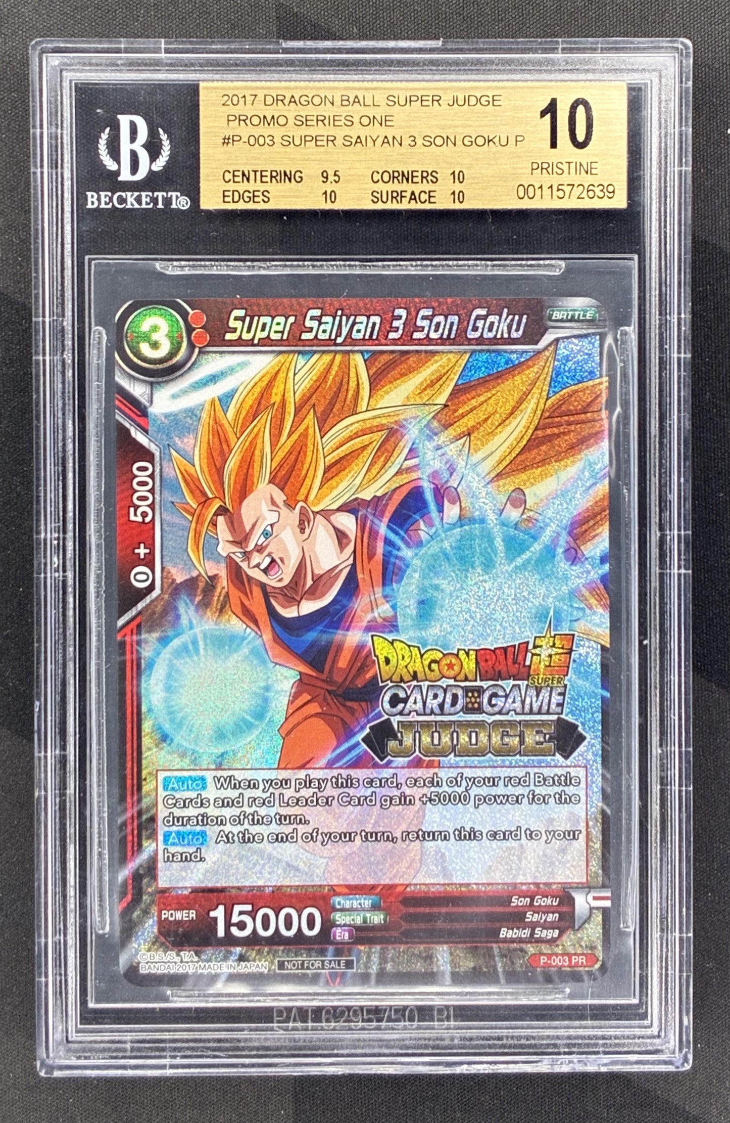2017 Dragon Ball Super Judge Promo Series One Super Saiyan 3 Son Goku BGS 10 Pristine graded trading card.