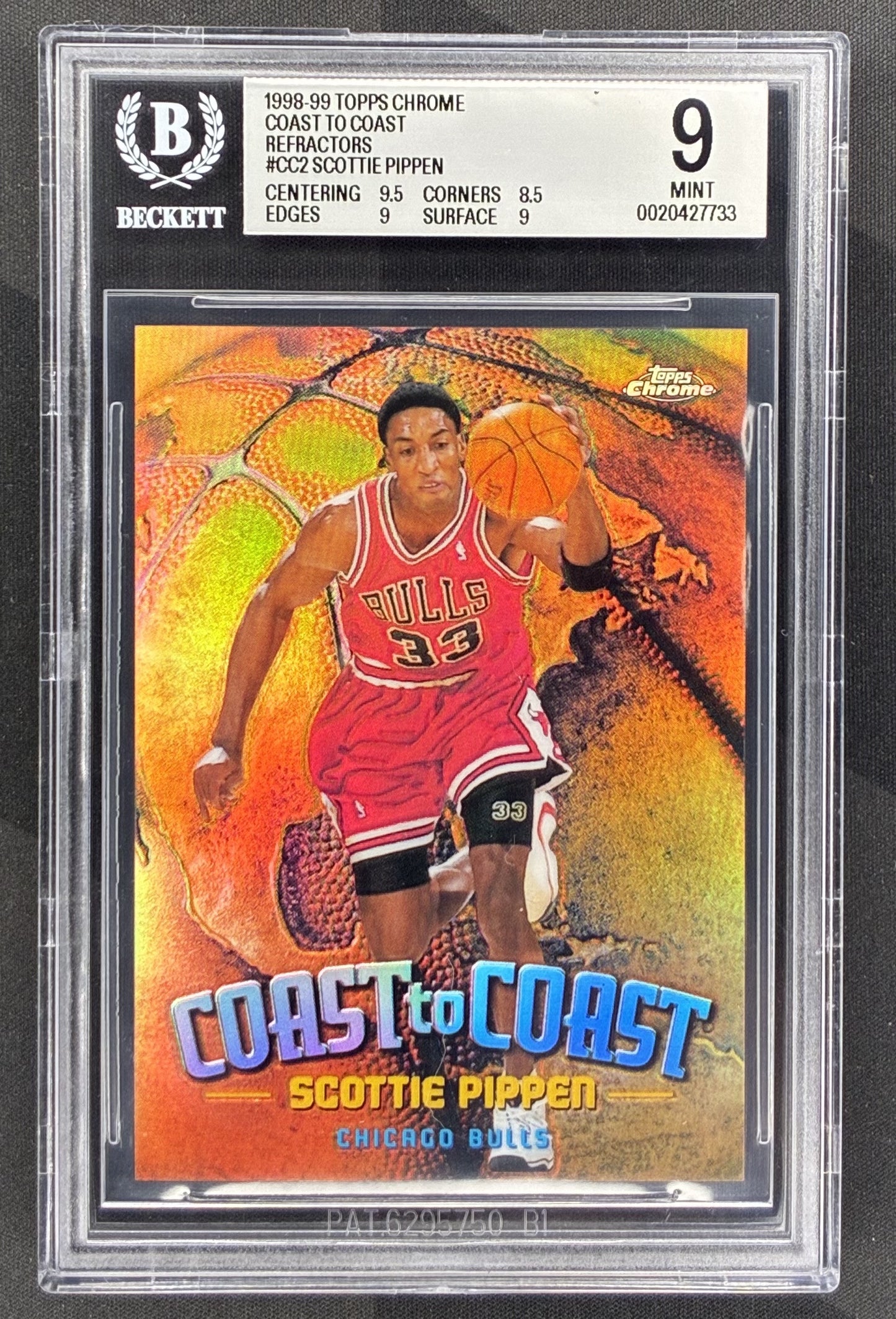 1998 Topps Chrome Scottie Pippen Coast to Coast Refractor BGS 9 Mint graded NBA trading card.