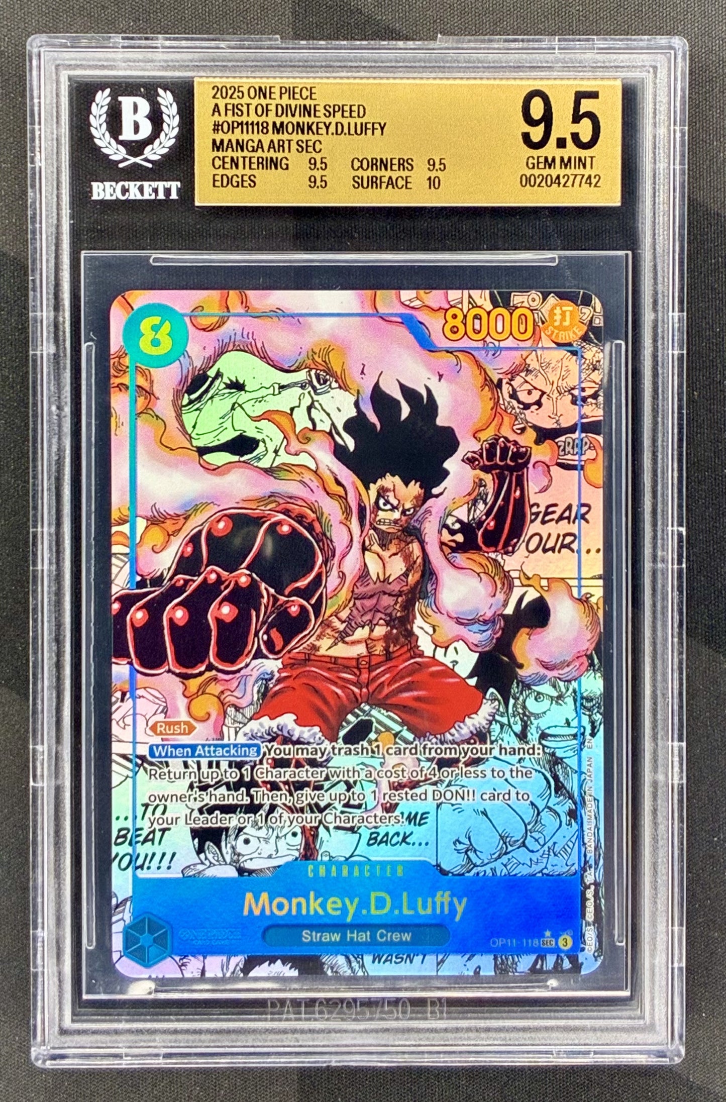 2025 One Piece A Fist of Divine Speed Monkey D. Luffy OP11-118 Secret Rare Manga Alternate Art BGS 9.5 Gem Mint graded card.