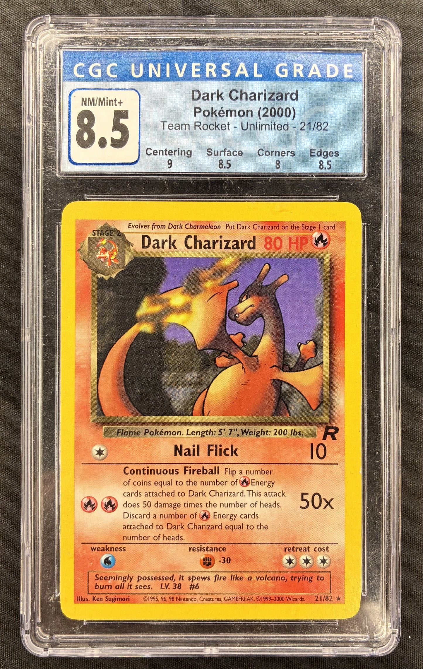 2000 Pokémon Dark Charizard 21/82 Team Rocket Unlimited non holo English card professionally graded CGC 8.5 Near Mint/Mint+.