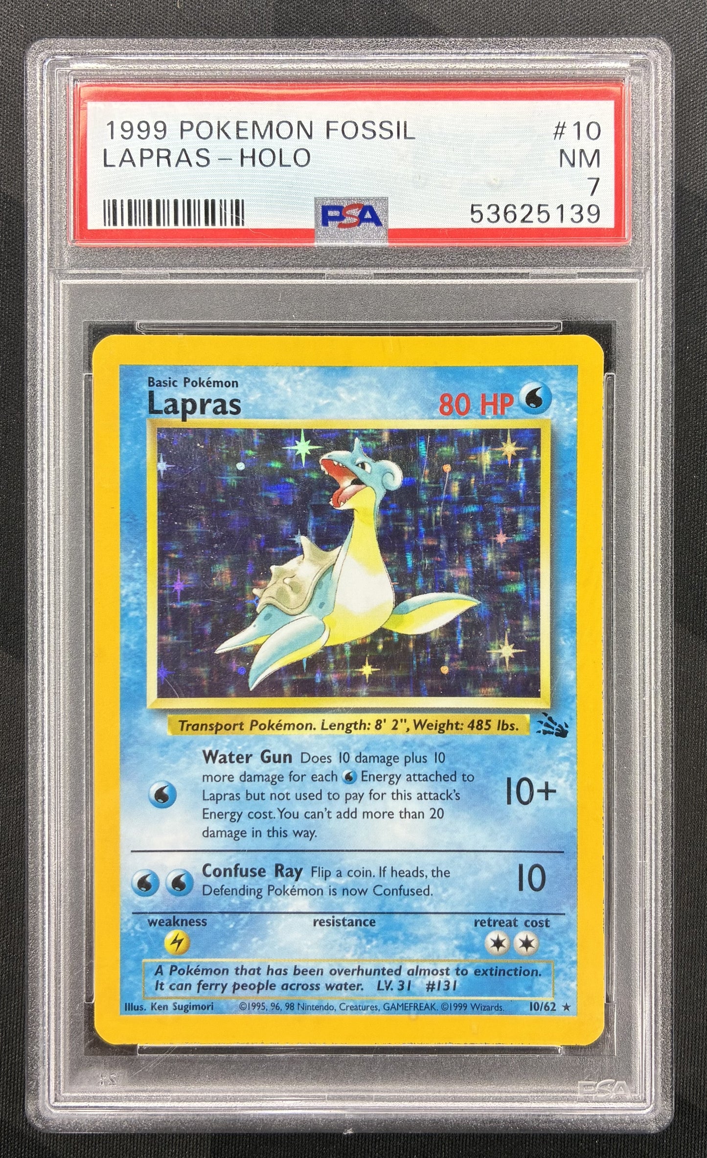 1999 Pokémon Lapras 10/62 Fossil Unlimited Holo Rare English card professionally graded PSA 7 Near Mint.