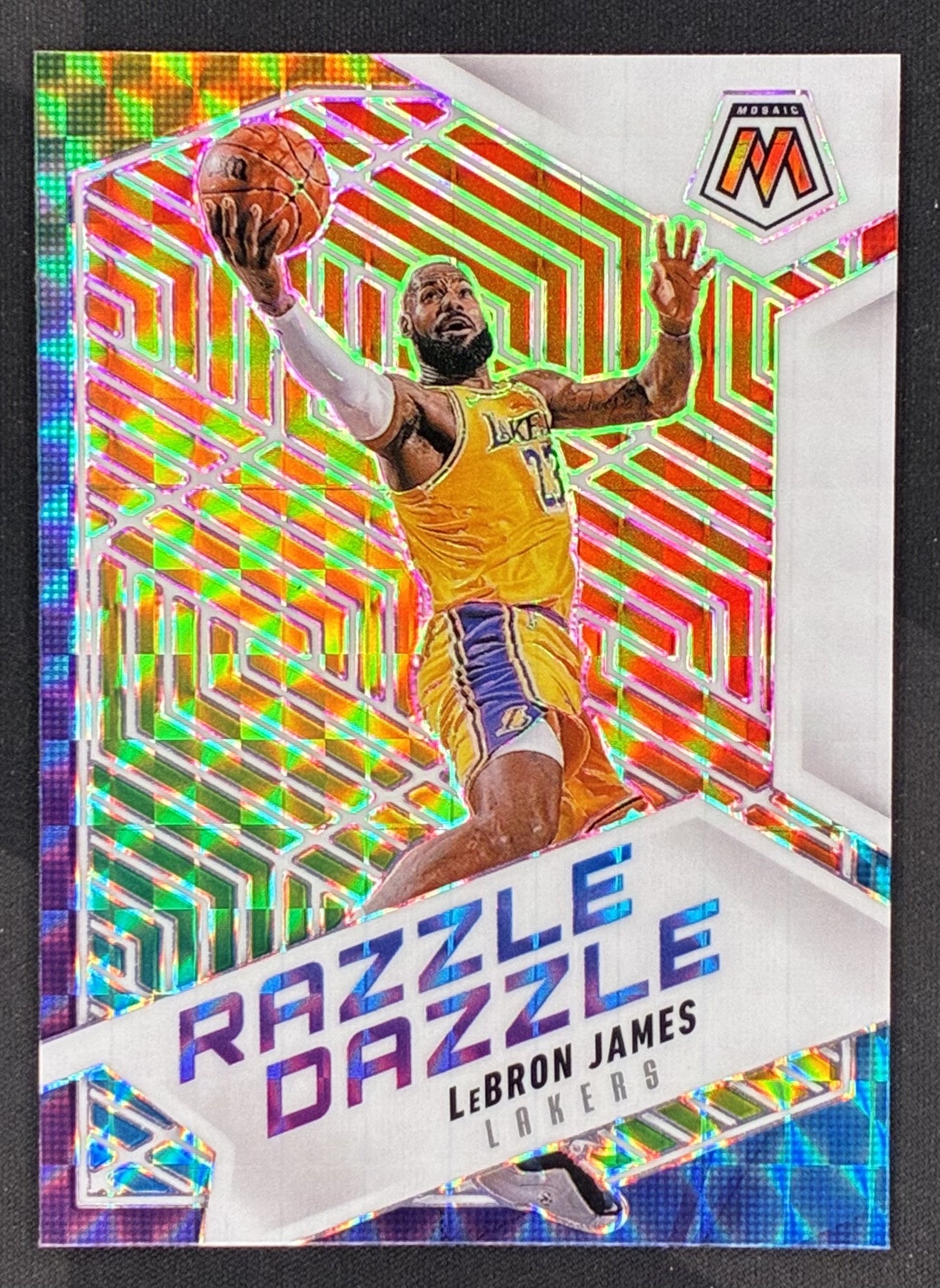 2024-25 Panini Mosaic Basketball LeBron James Razzle Dazzle #10 case-hit insert card featuring the Los Angeles Lakers superstar.