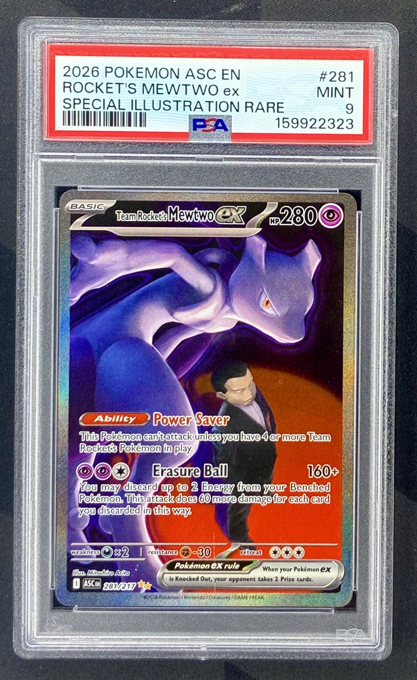2026 Pokémon Team Rocket’s Mewtwo ex 281/217 Ascended Heroes Special Illustration Rare card professionally graded PSA 9 Mint.