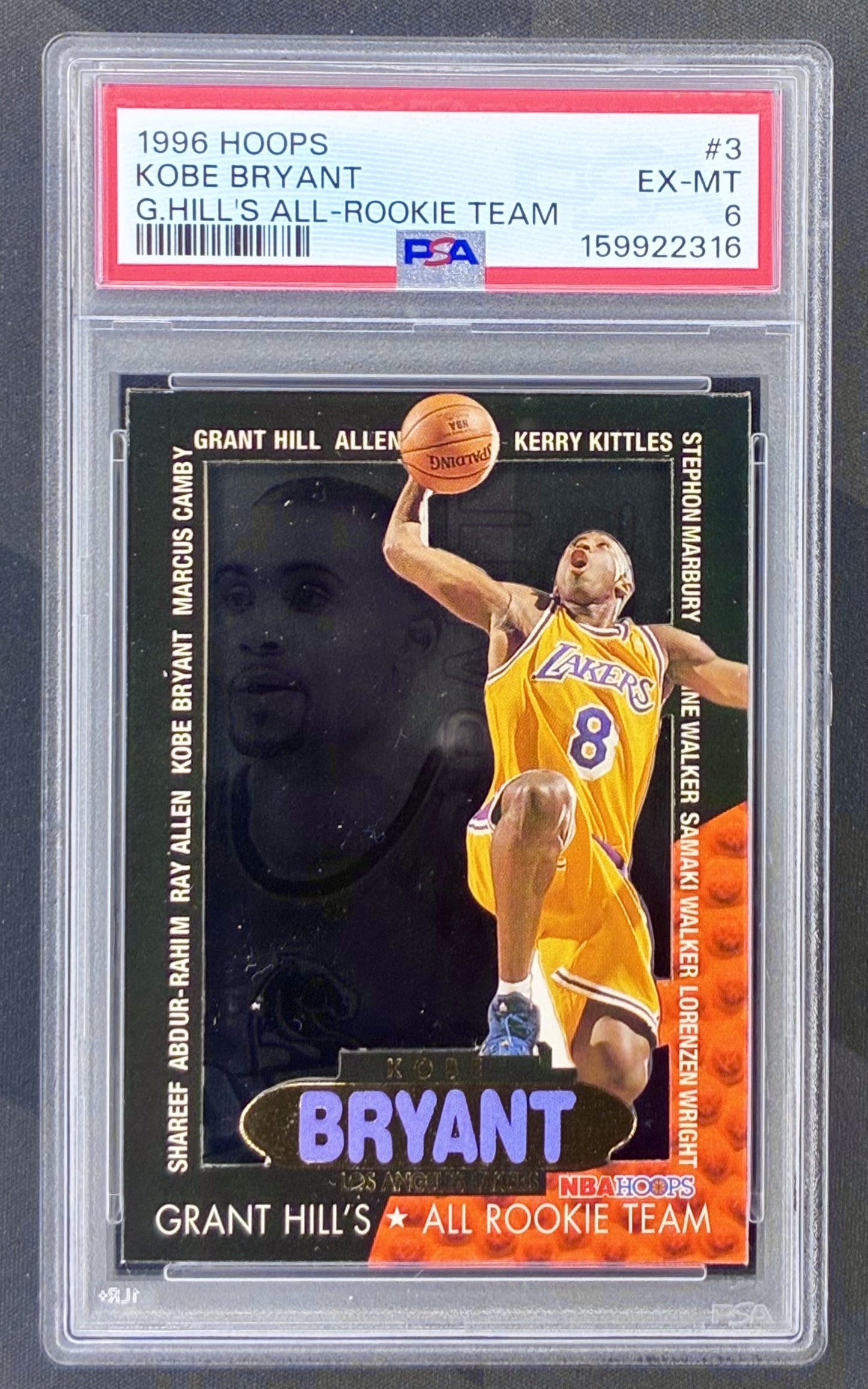 1996-97 Hoops Grant Hill's All-Rookie Team Kobe Bryant Rookie #3 basketball card professionally graded PSA 6 EX-MT.