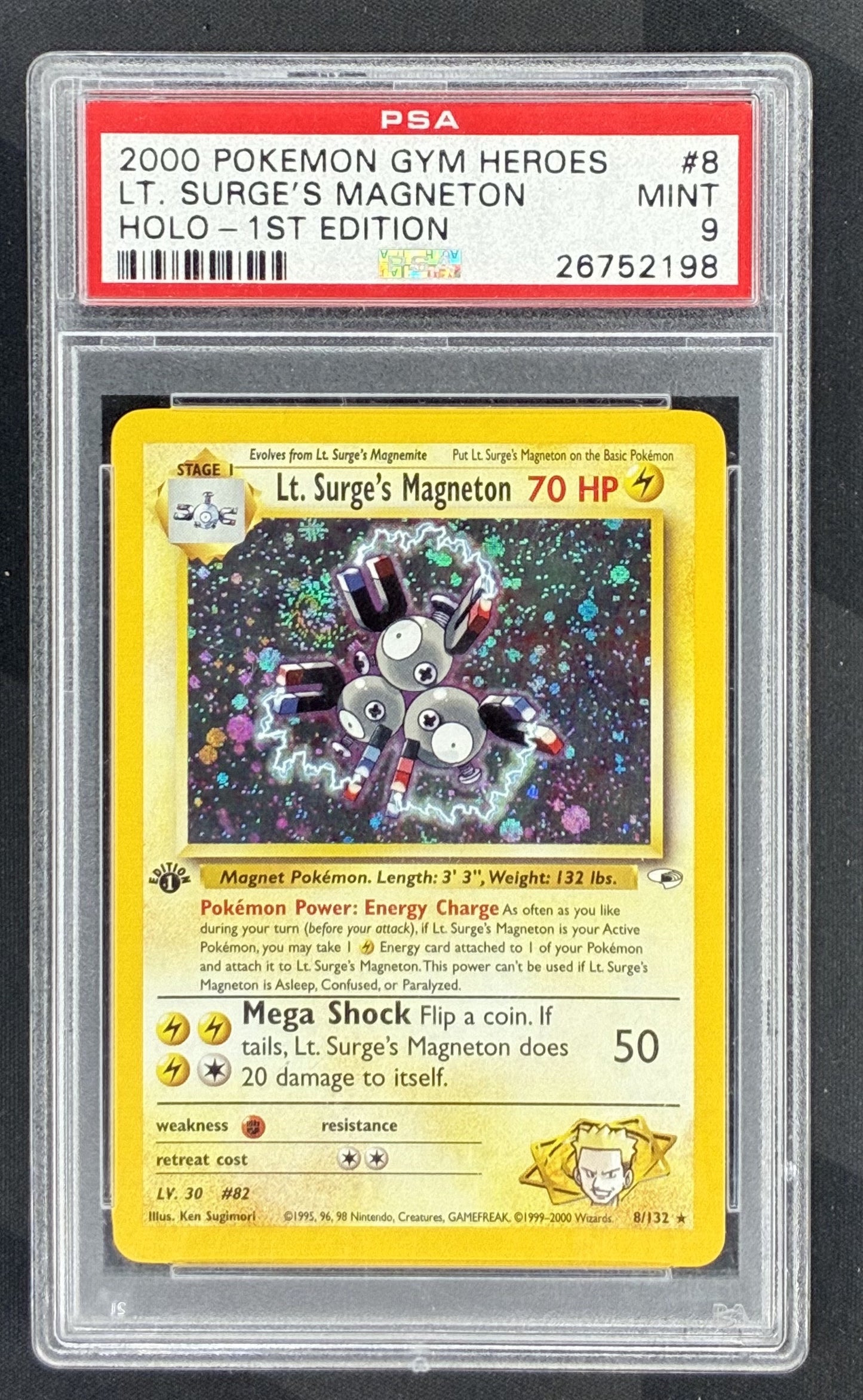 2000 Pokémon Gym Heroes 1st Edition Lt. Surge's Magneton 8/132 Holo card graded PSA 9 Mint.
