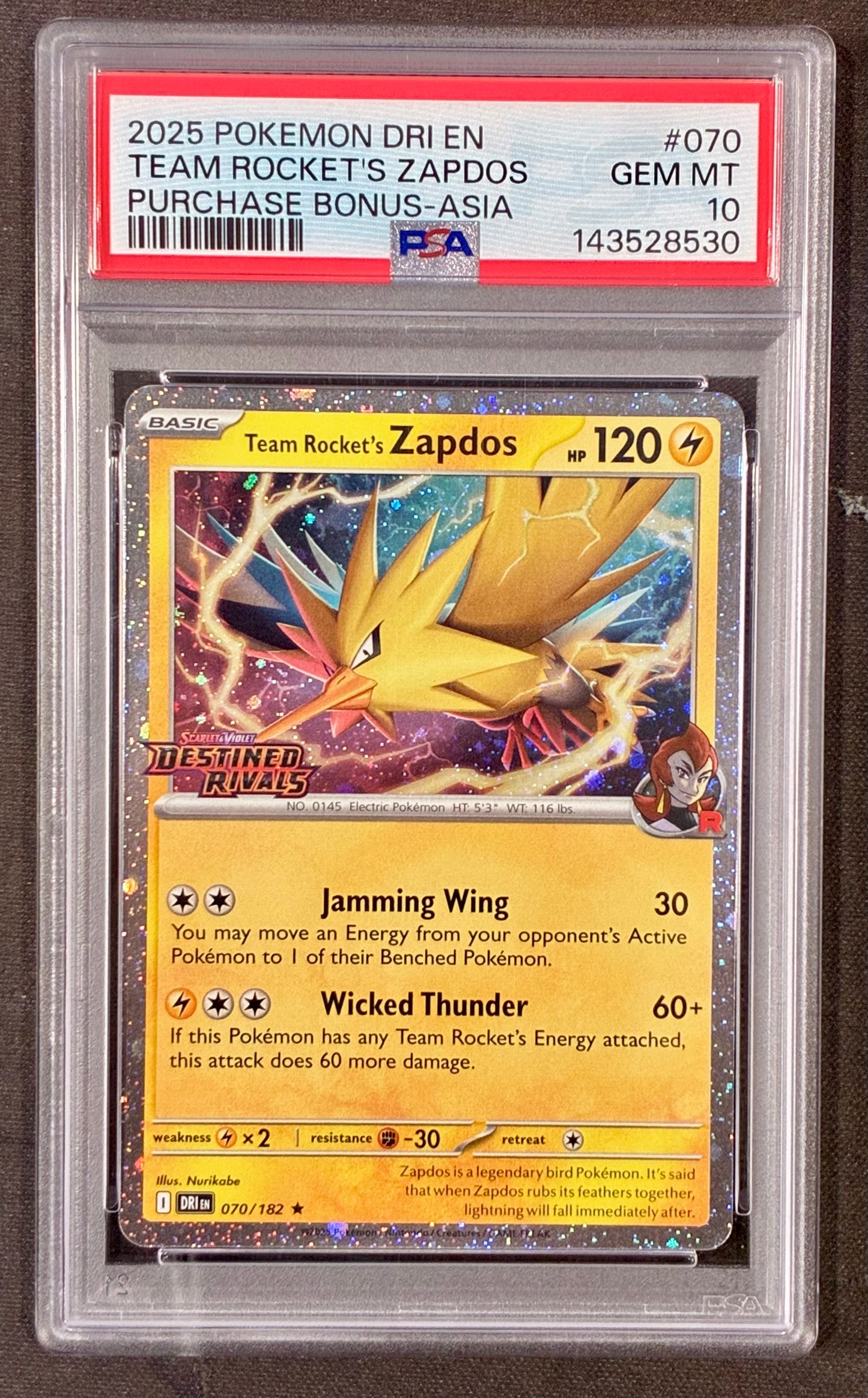 2025 Pokémon Destined Rivals Team Rocket’s Zapdos 070/182 PSA 10