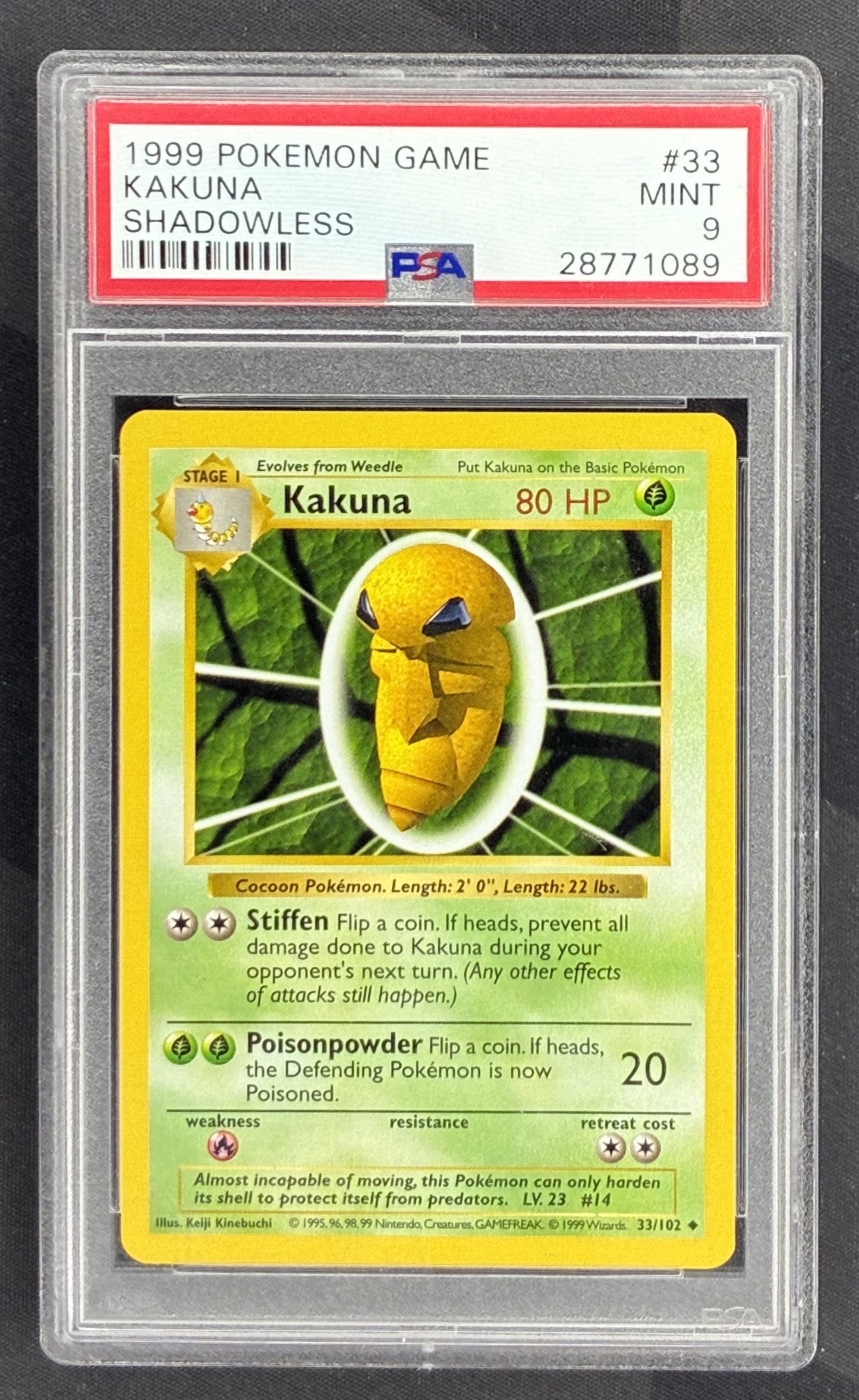 1999 Pokémon Base Set Shadowless Kakuna 33/102 Wizards of the Coast English card graded PSA 9 Mint.