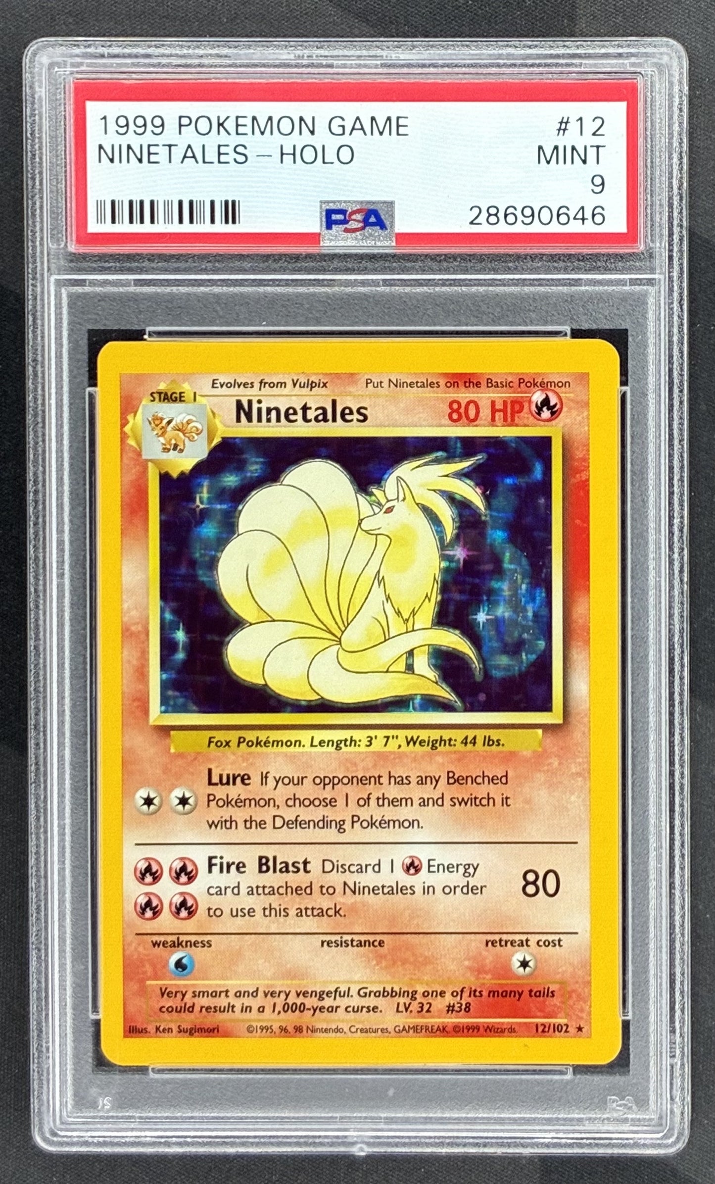 1999 Pokémon Base Set Ninetales Holo Rare 12/102 Wizards of the Coast card graded PSA 9 Mint.