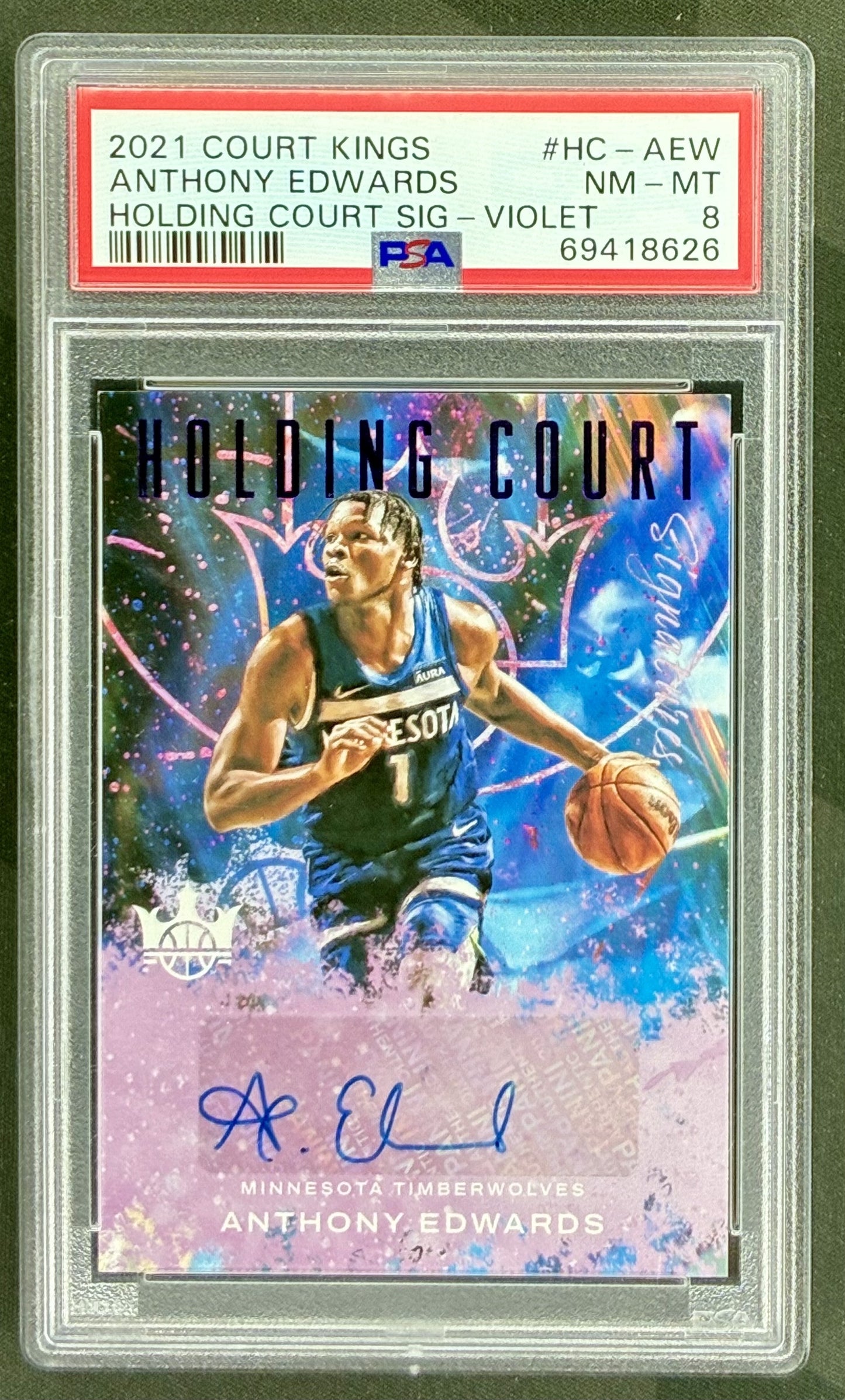 2021-22 Panini Court Kings Holding Court Anthony Edwards Violet Autograph numbered to 35 graded PSA 8 Near Mint-Mint.